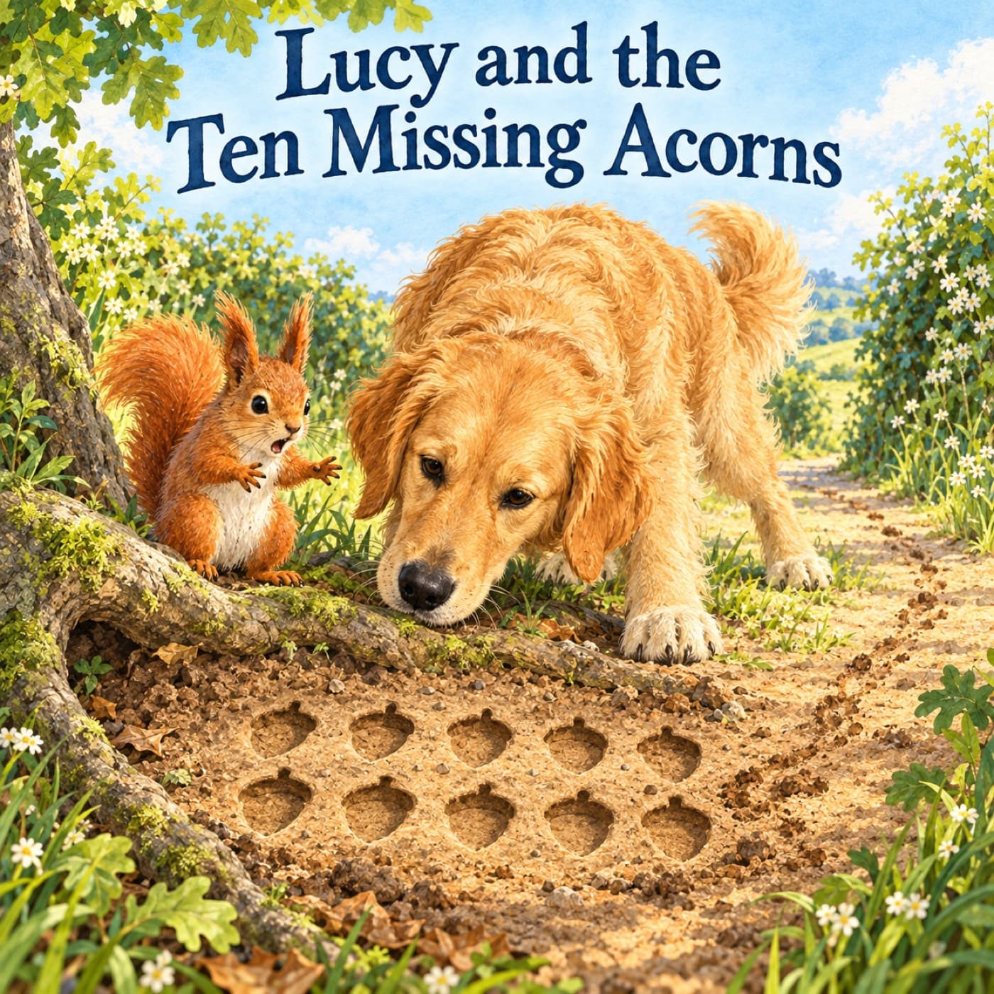 Front cover of Lucy and the Ten Missing Acorns: Lucy, a golden retriever, lowers her nose to ten empty acorn-shaped impressions beneath an oak root while a red squirrel gestures in alarm.