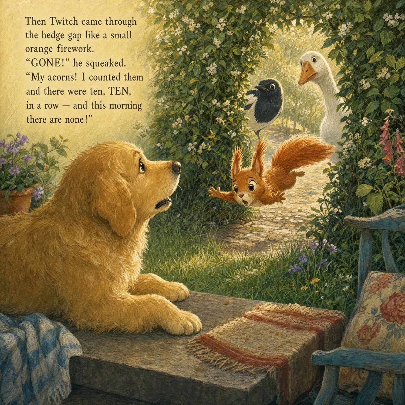 A page from the story, starring a golden retriever: she looks up from a warm stone back step, startled, as a small red squirrel bursts through an arched gap in the hedge, paws flung wide, with a magpie and a white goose peering through behind him.