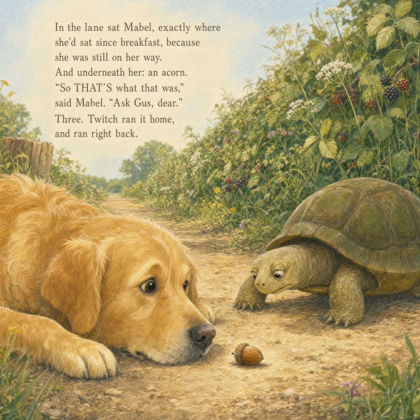 The same golden retriever lying flat in a sunny dusty lane, chin nearly on the ground, nose to nose with an old tortoise over one single acorn in the dust between them, brambles and cow parsley along the hedge behind.