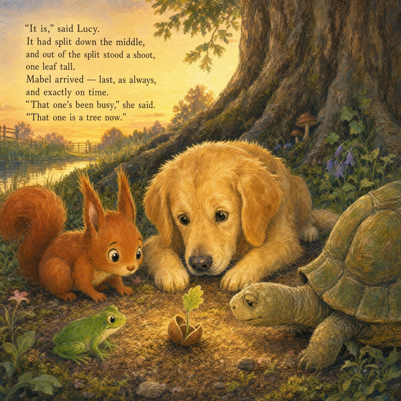 The same golden retriever lying among the roots of a great oak at sunset, nose down to a split acorn with one small green shoot growing out of it, with a red squirrel, a tiny green frog and an old tortoise gathered close around it.
