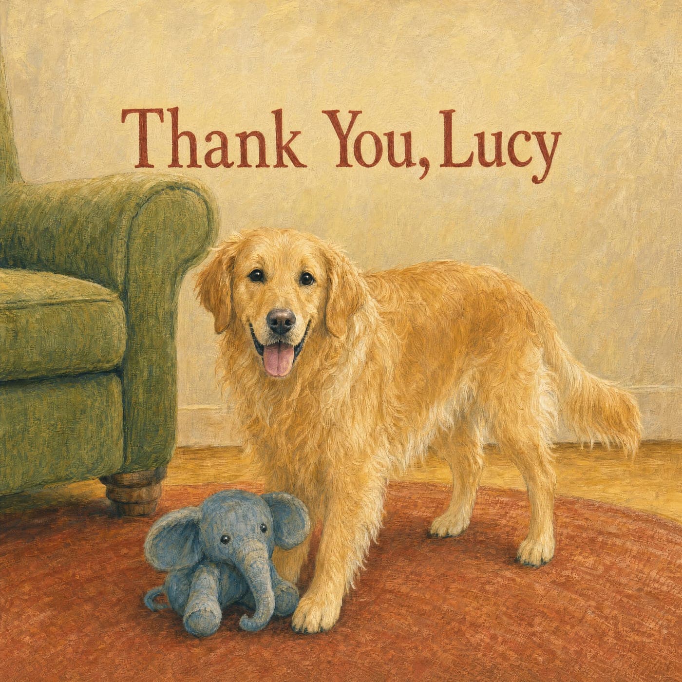 Front cover of Thank You, Lucy: a golden retriever stands on a round brick-red rug, looking at the reader with an open-mouthed smile, a soft blue toy elephant at her front paws and the arm of a moss-green armchair at the left, under deep red title lettering on a warm cream wall.