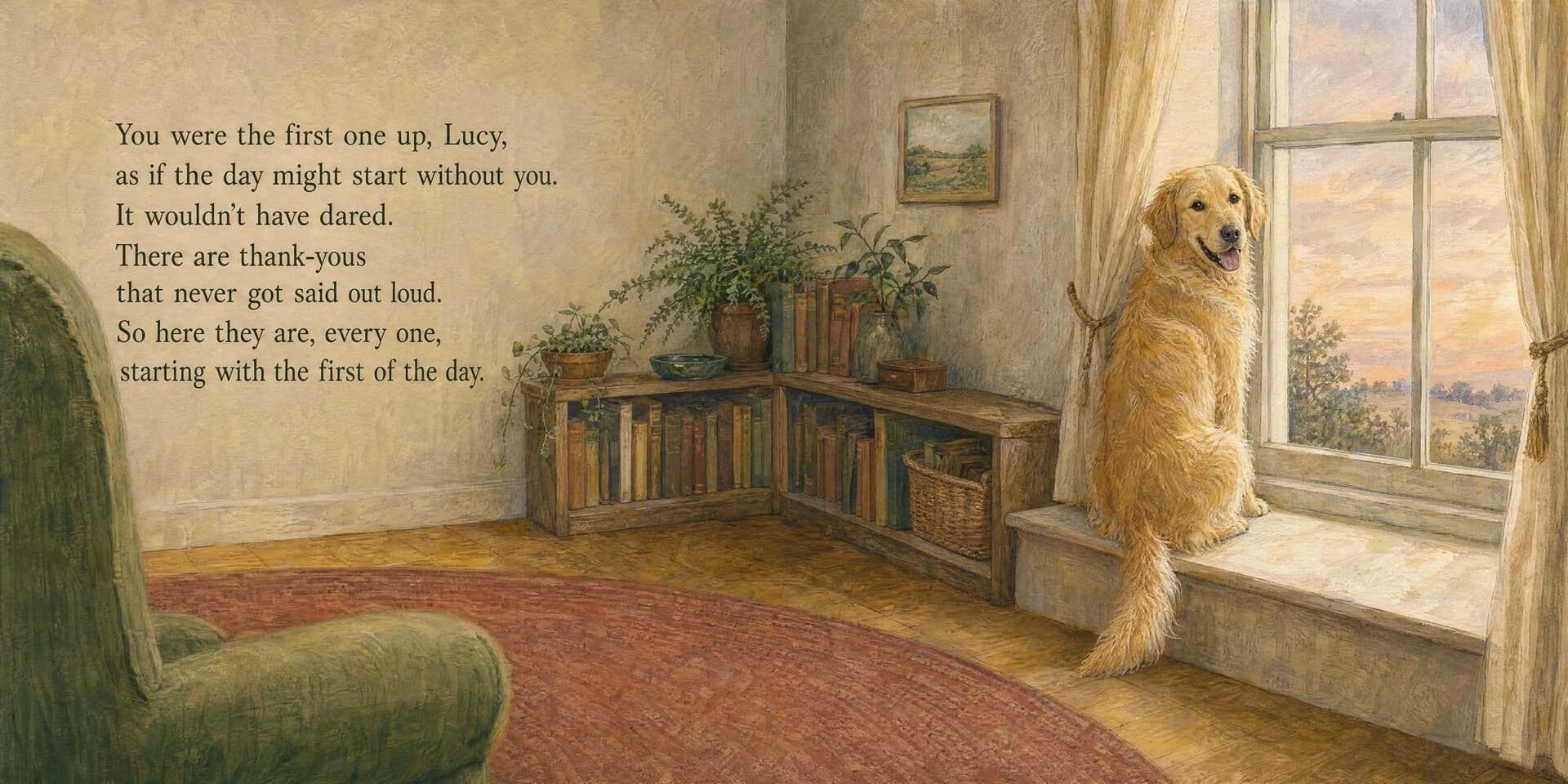 Across two facing pages: the arm of a moss-green armchair at the left edge, a round red rug, a corner of low bookshelves crowded with ferns and potted plants, and Lucy sitting tall on a window seat at the far right, looking back over her shoulder at the room while a pink and gold dawn fills the window behind her. A complete two-page spread.