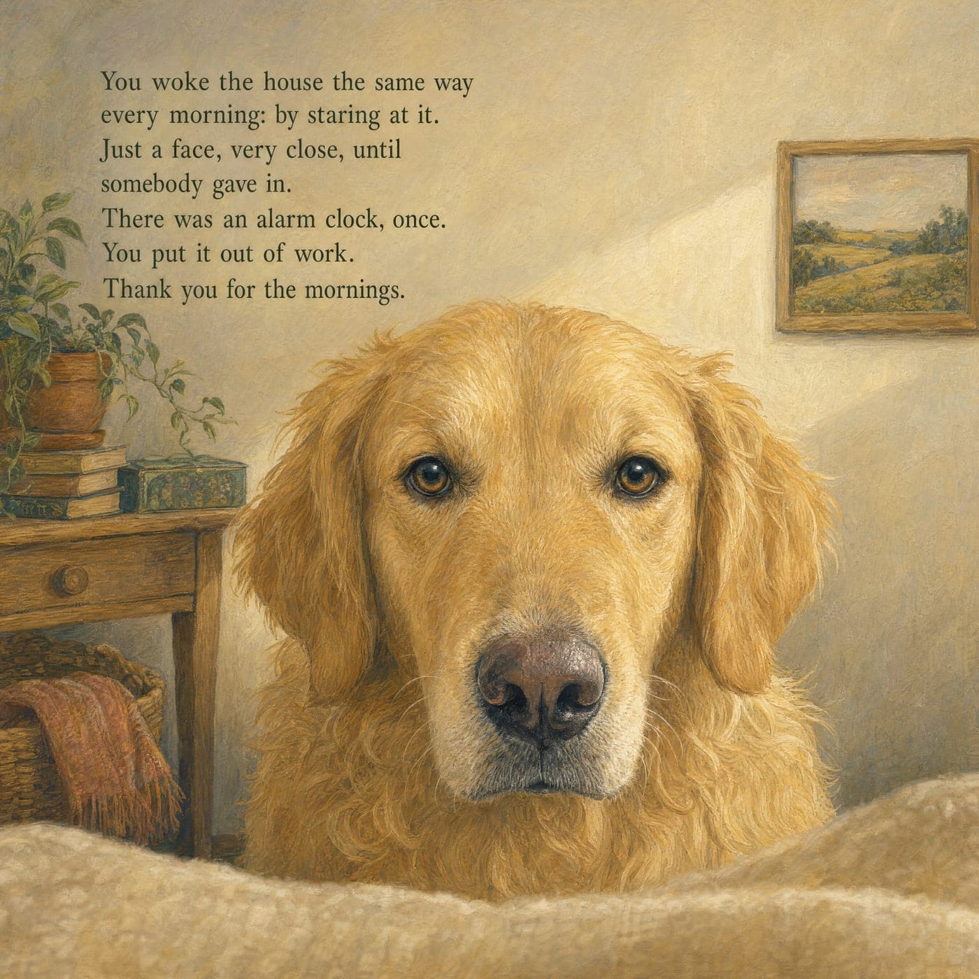 Lucy’s face in close-up, her chin just behind the edge of a cream blanket, warm brown eyes looking straight at the reader. A small wooden table with a plant and stacked books stands to the left, with a framed landscape on the wall behind.