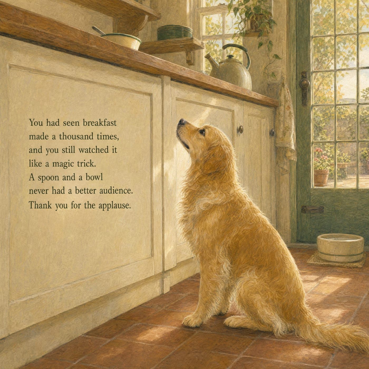 Lucy sits on a terracotta tile floor in a sunny kitchen, head tipped back to gaze up at the counter above her, beside cream cupboards, with a glazed garden door and a water bowl on a mat to the right.