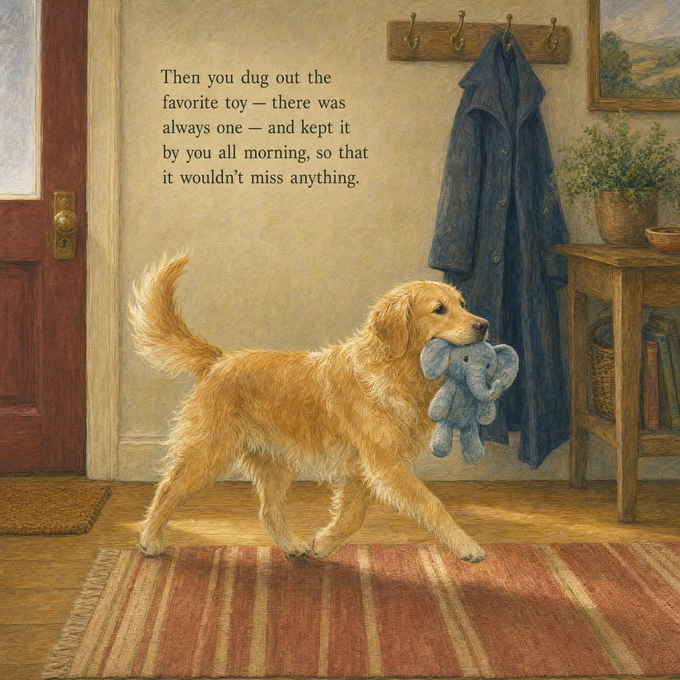 Lucy trots across a striped red rug in the front hall with a soft blue toy elephant held gently in her mouth, tail up, heading into the house away from the red front door, past a long navy coat on a hook rail and a side table with a plant.