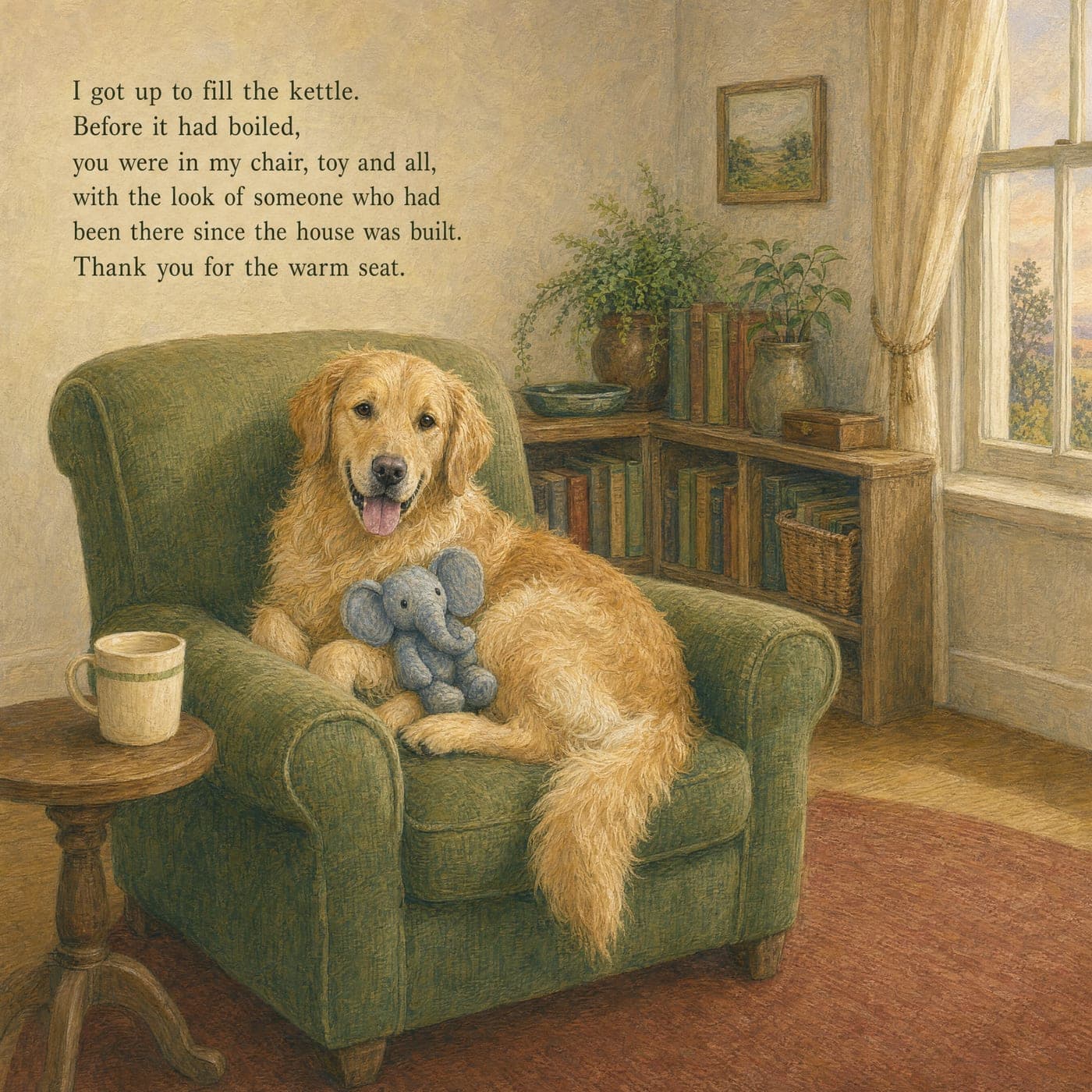 Lucy settled in the seat of a moss-green armchair with the blue toy elephant tucked against her chest, mouth open in a happy pant. A mug sits on a small round side table beside the chair, with a corner bookcase and a curtained window behind.