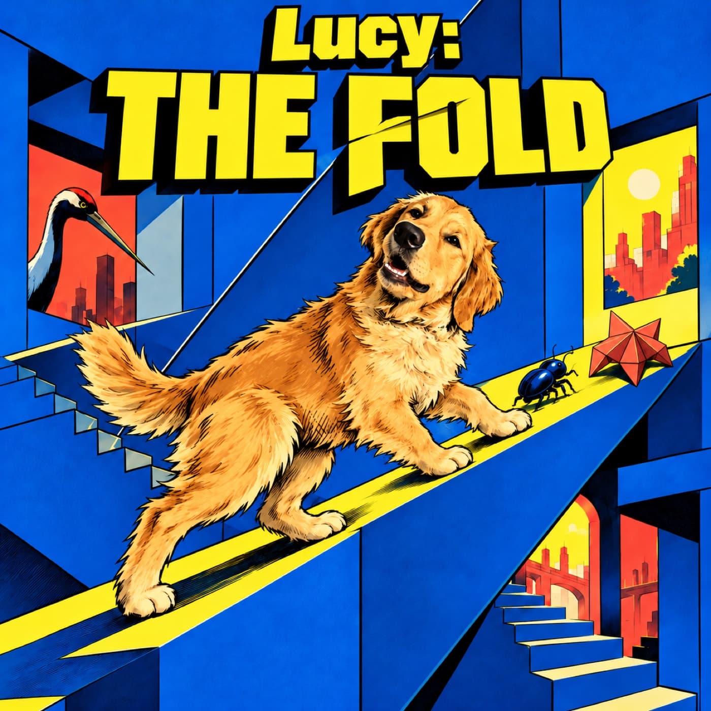 Example cover with our sample dog Lucy, a golden retriever, climbing a yellow folded walkway between cobalt walls, beside a blue beetle and a coral folded-card companion, while a crane watches from the left.