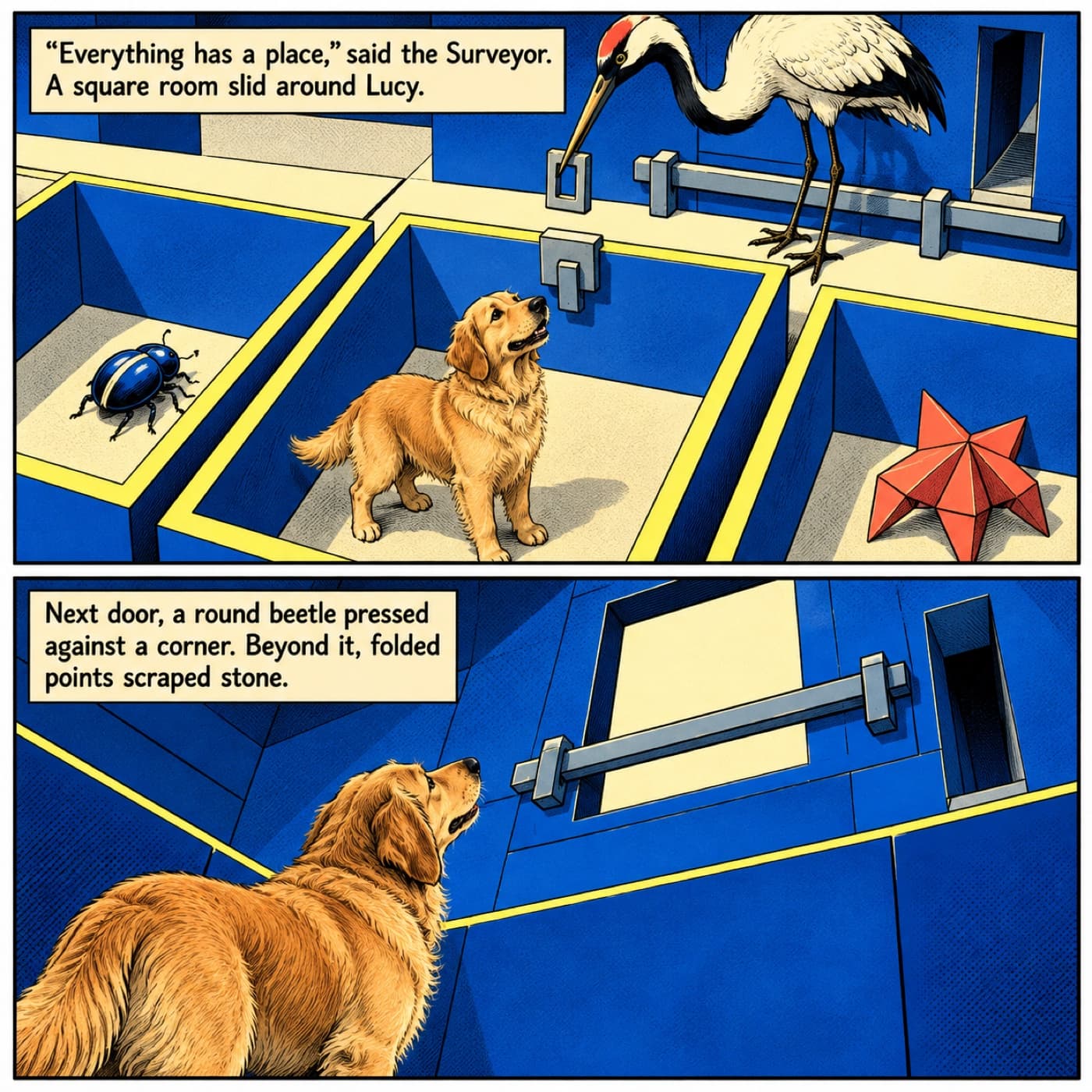 Two comic panels show Lucy, a golden retriever, in a roomy square chamber beneath an ivory crane’s latch; a blue beetle and coral folded-card creature occupy neighboring rooms, and Lucy looks toward the high doorway and locking bar.