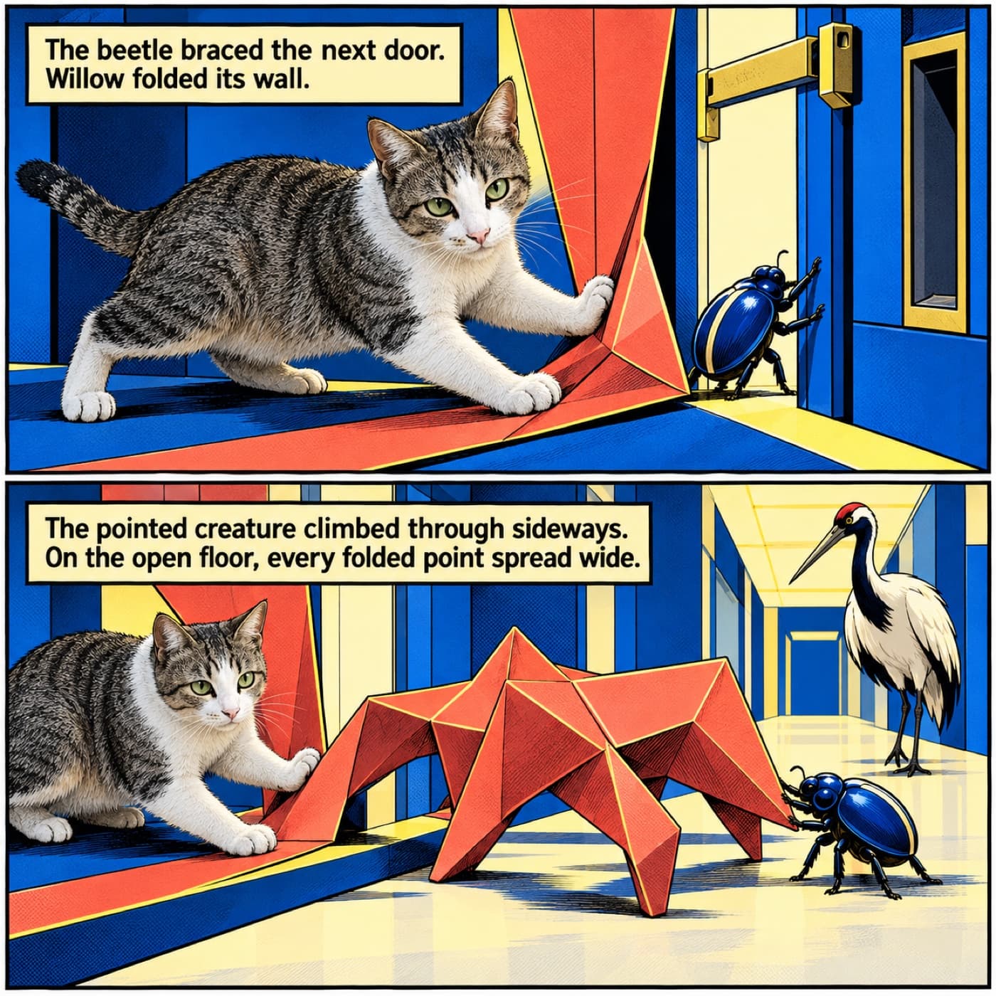 Two comic panels show Willow, a tabby-and-white cat, holding a folded wall with one paw while a blue beetle braces the ordinary door frame; a coral creased-card creature spreads its folded points as it crosses into the hall.