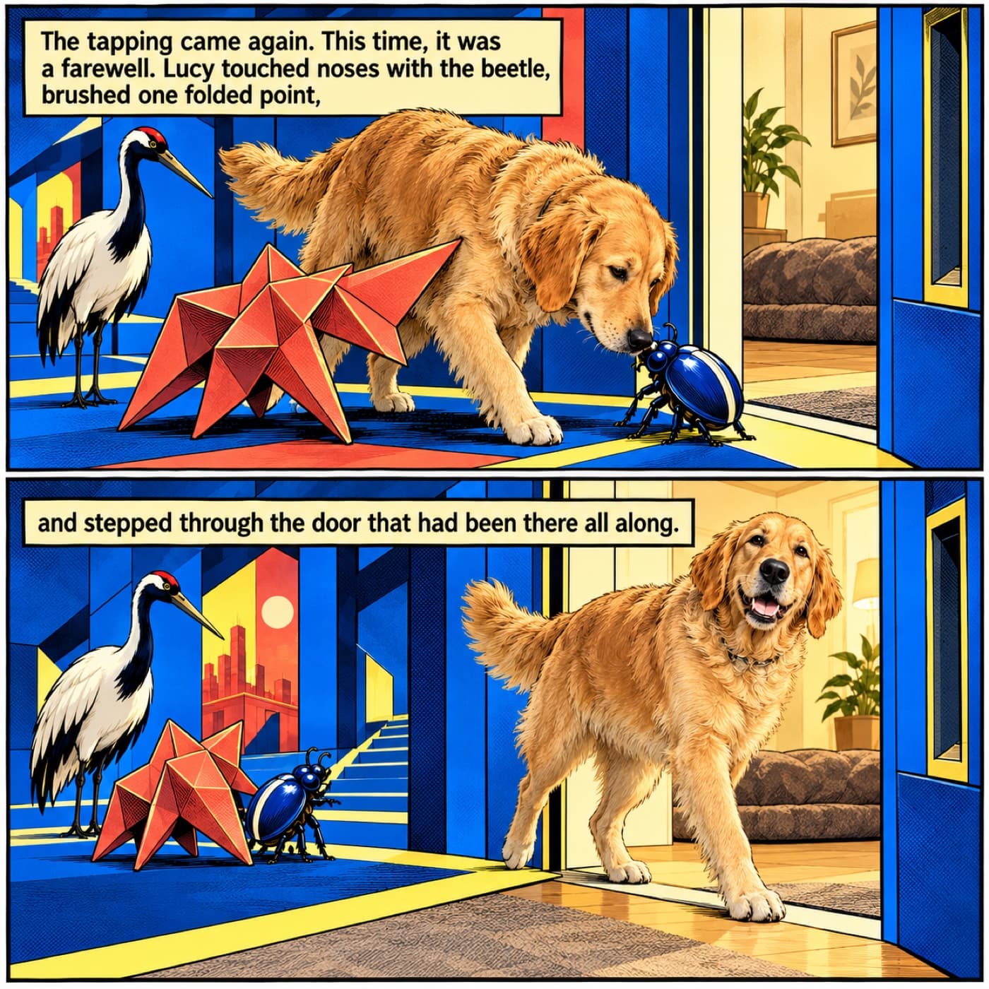 Two comic panels show Lucy, a golden retriever, touching noses with a blue beetle beside a coral folded-card companion at a square doorway, then stepping into her warm home while the companions and ivory crane remain in the geometric hall.