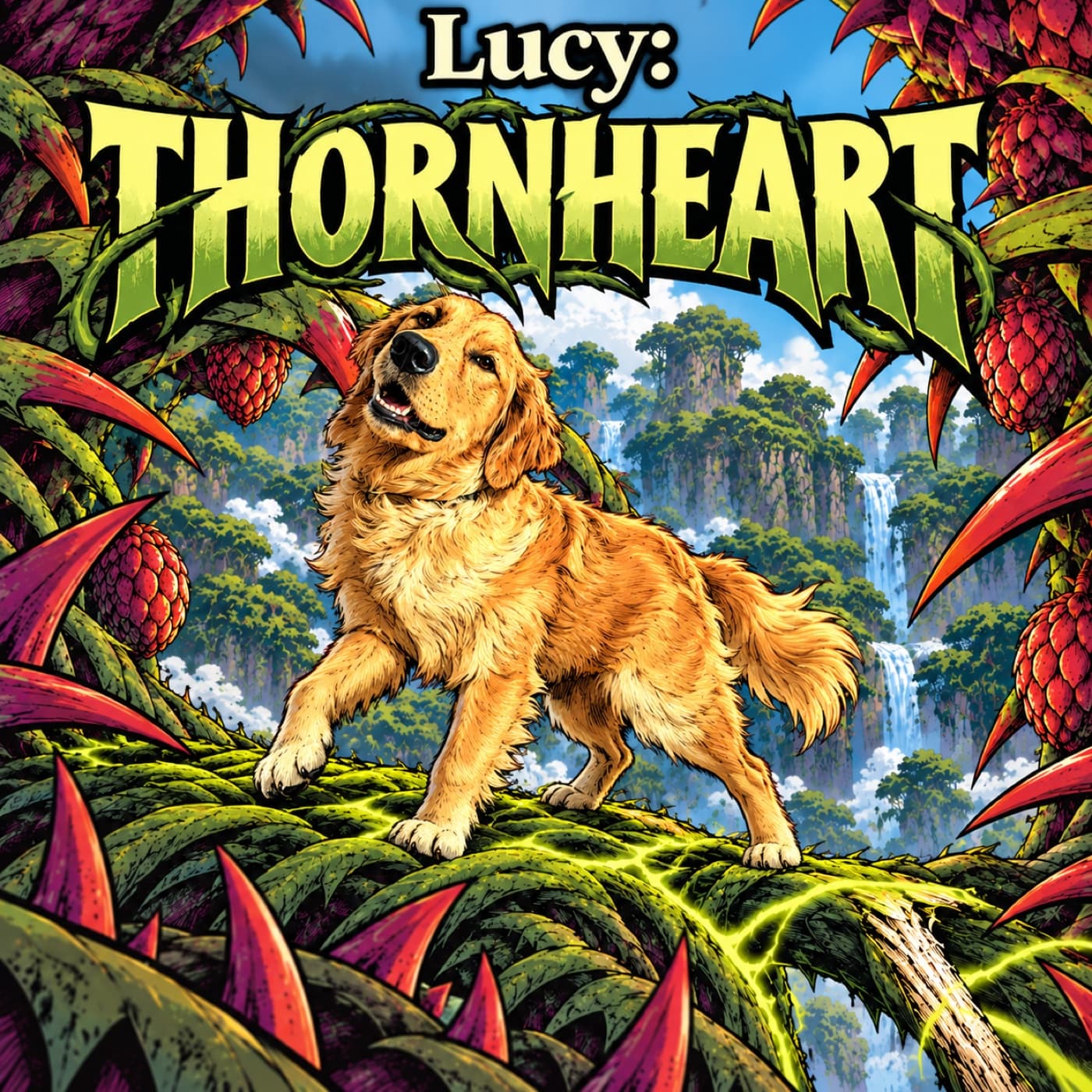 Example cover with our sample dog Lucy, a golden retriever, stepping across a luminous green root bridge surrounded by huge curling vines and coral-red thorns, above a jungle of waterfalls.