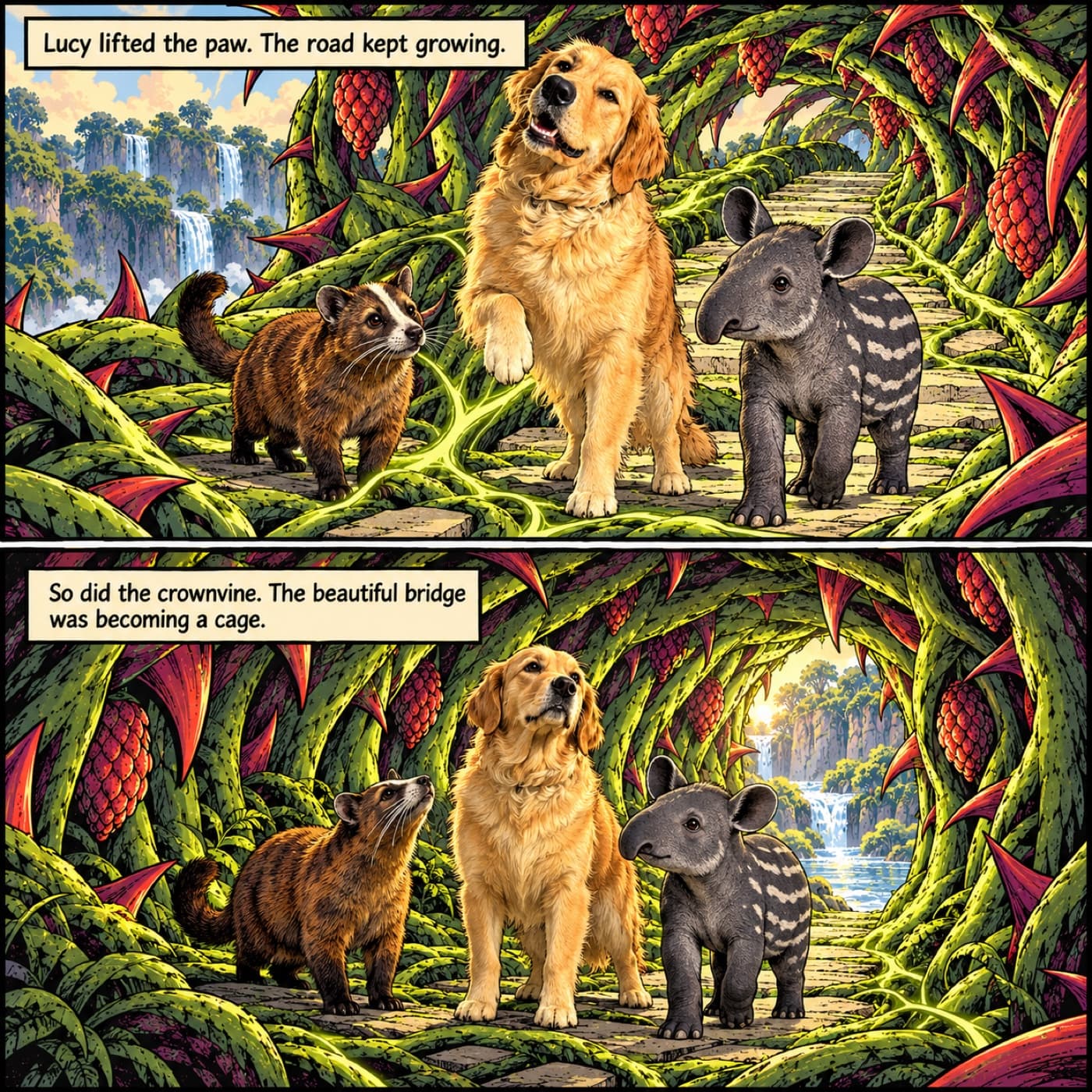 Two-panel comic example with Lucy, a golden retriever, lifting a forepaw beside a russet civet and a striped gray tapir calf as huge green vines curl around their walkway, leaving a bright river opening ahead.
