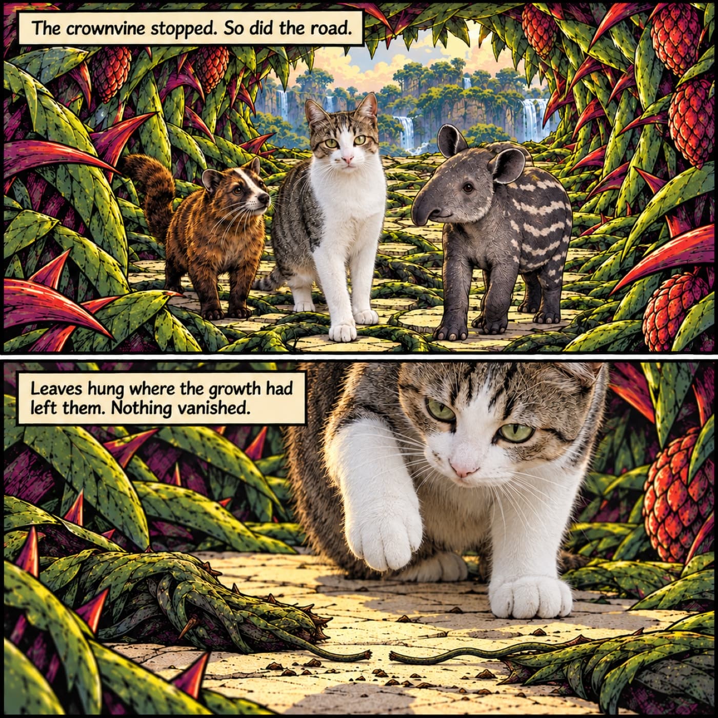 Two-panel comic example with Willow, a tabby-and-white cat, a russet civet and a striped tapir calf inside a motionless plant tunnel; a close view shows Willow’s raised paw above two thin severed root ends on pale stone.