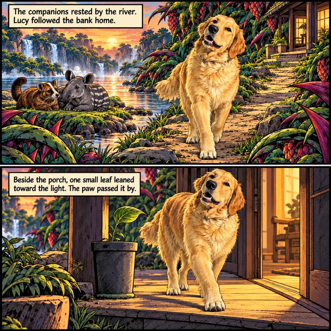 Two-panel comic example with Lucy, a golden retriever, beside a riverside path while a civet and tapir calf rest nearby, then walking past an ordinary potted leaf beside a warmly lit wooden porch.