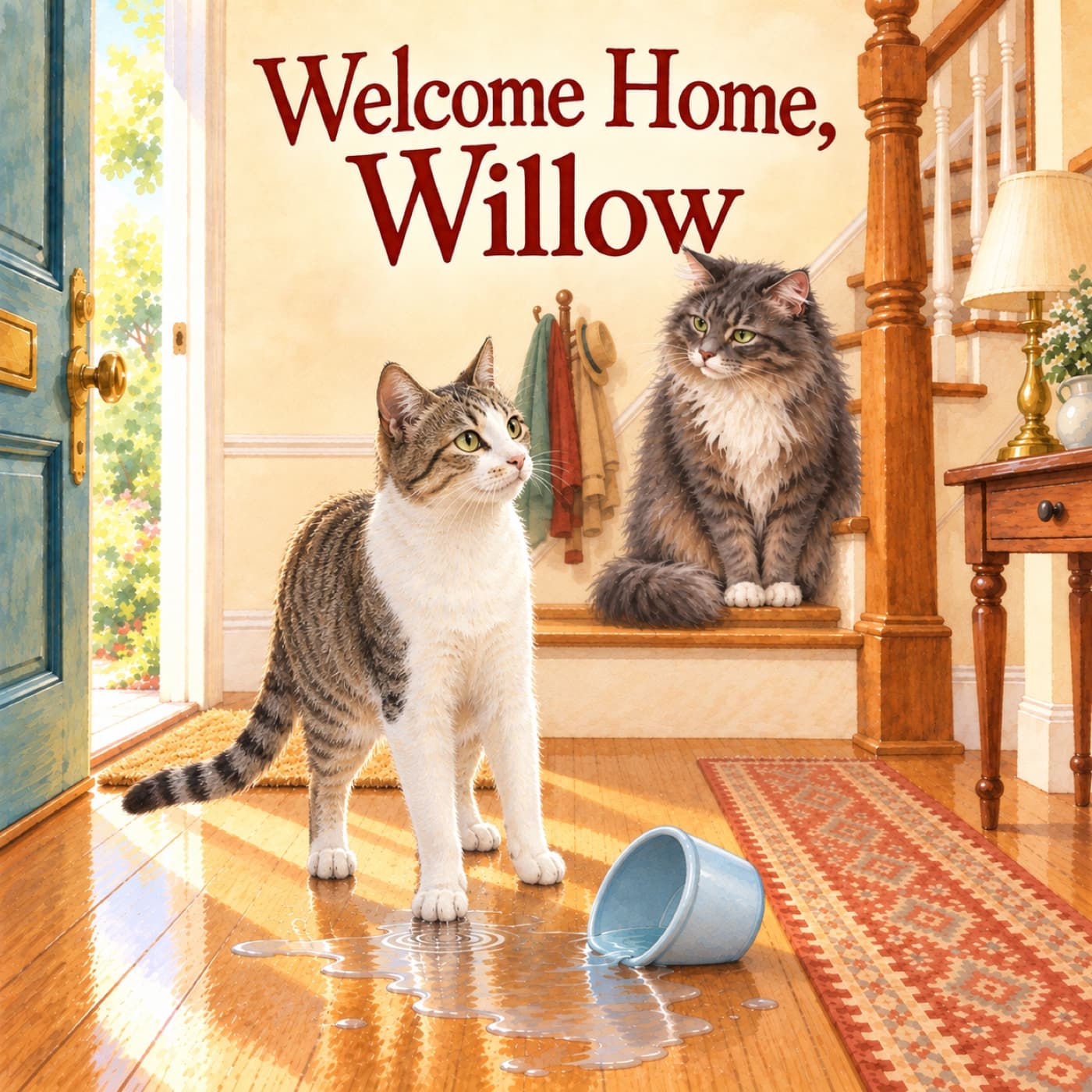 Front cover of Welcome Home, Willow: adult tabby Willow stands at her natural size with one wet white forepaw beside a tipped pale-blue water bowl, looking toward elderly long-haired grey Pearl on the first stair.
