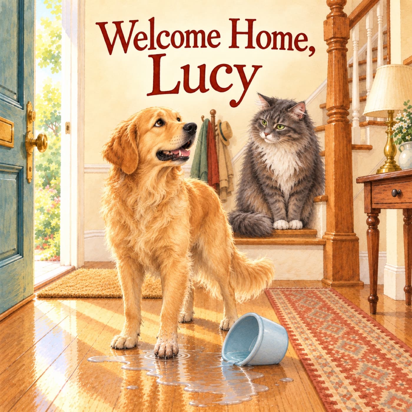 Front cover of Welcome Home, Lucy: adult golden retriever Lucy stands at her natural size with one wet front paw beside a tipped pale-blue water bowl, looking sheepishly toward elderly long-haired grey Pearl on the first stair.