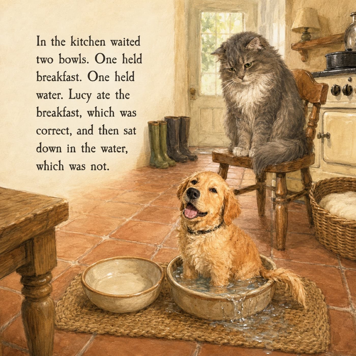 A painted page from the story: a small new pet sitting squarely inside its water bowl on a kitchen mat, water sloshing over the rim, while a large grey cat watches from a kitchen chair behind.