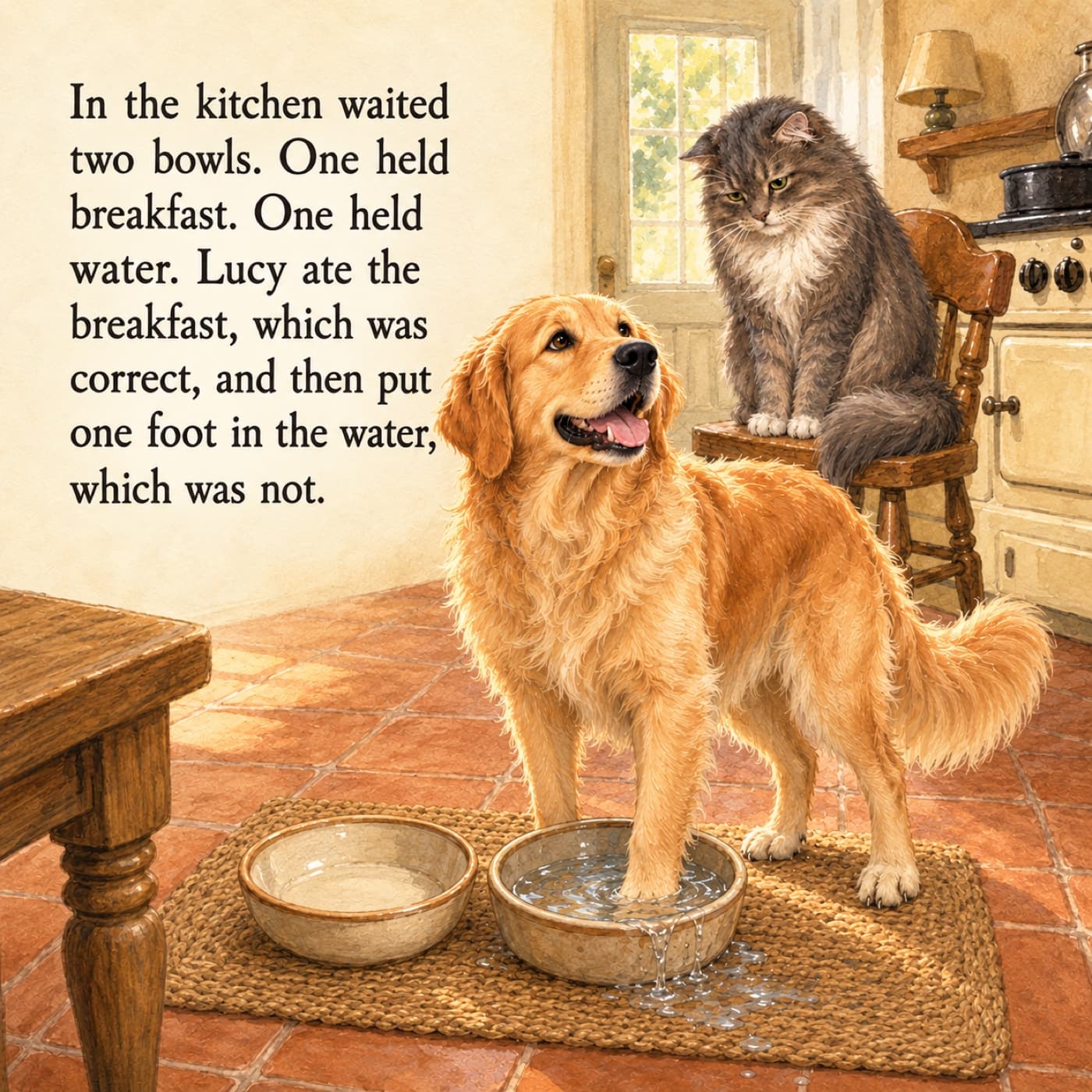 A painted page from the story: adult golden retriever Lucy stands at her natural size with one front paw in the water bowl on a kitchen mat while elderly grey Pearl watches from a kitchen chair behind.
