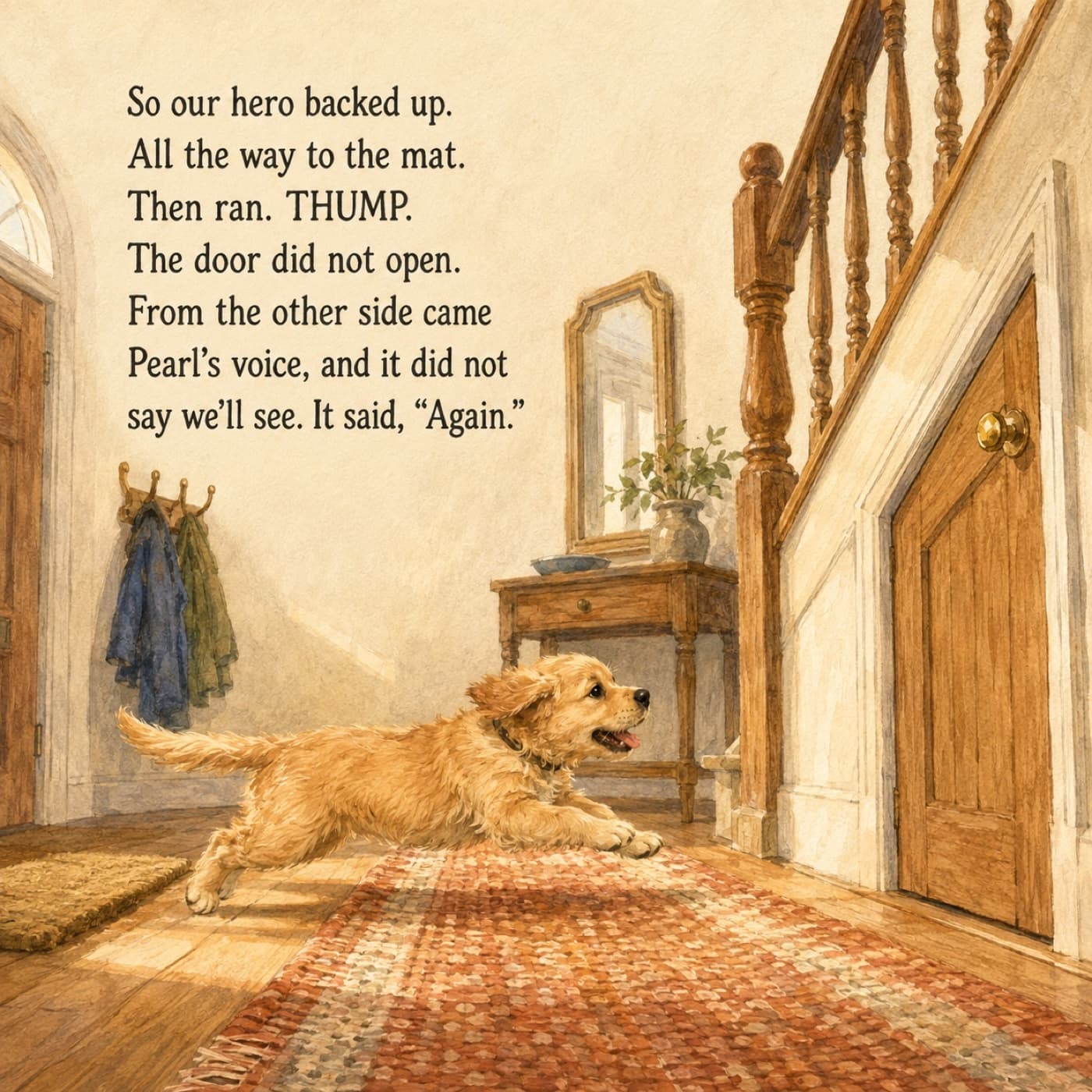 A painted page from the story: the small pet at full stretch, racing along a hall runner toward a little wooden door under the stairs.