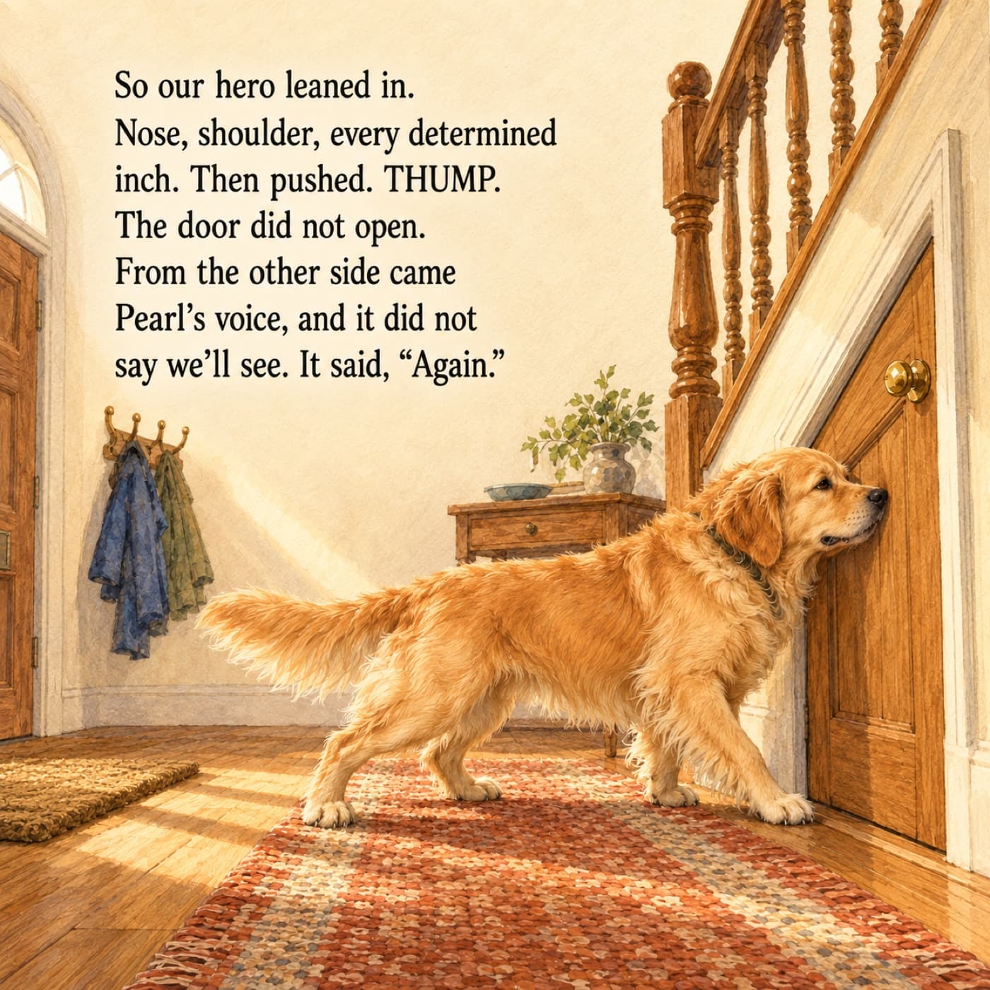 A painted page from the story: adult golden retriever Lucy braces every foot on the hall runner and leans her nose and shoulder steadily against the little wooden door under the stairs.
