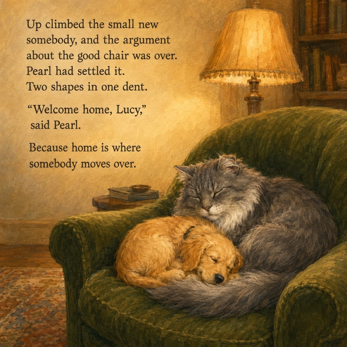 The last page of the story: the small pet curled asleep in the seat of a green velvet armchair, tucked against a large grey cat whose tail lies over them both, under a lamp turned low.