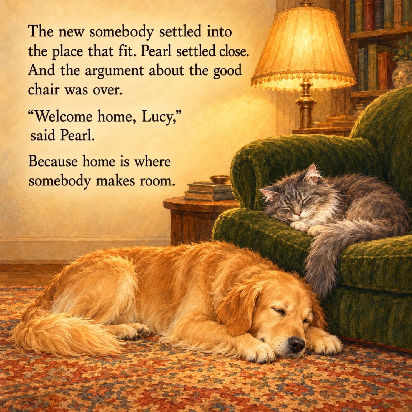 The last page of the story: adult golden retriever Lucy sleeps on the thick rug beside the green velvet armchair with her head near its seat while elderly grey Pearl sleeps close above under a lamp turned low.