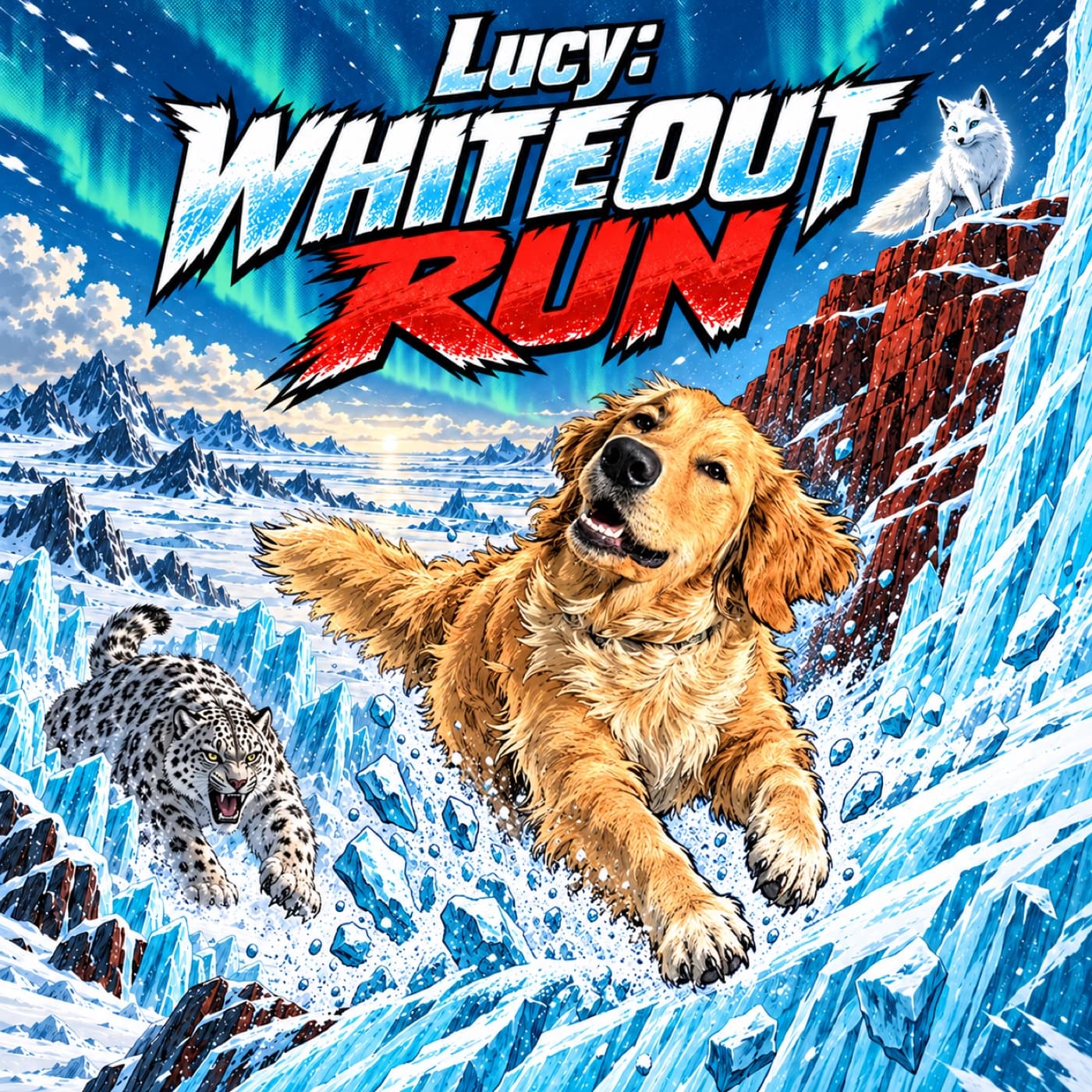 Example cover with our sample dog Lucy, a golden retriever, racing up an icy bank with a snow leopard pursuing behind her and a white fox waiting on red rock above.