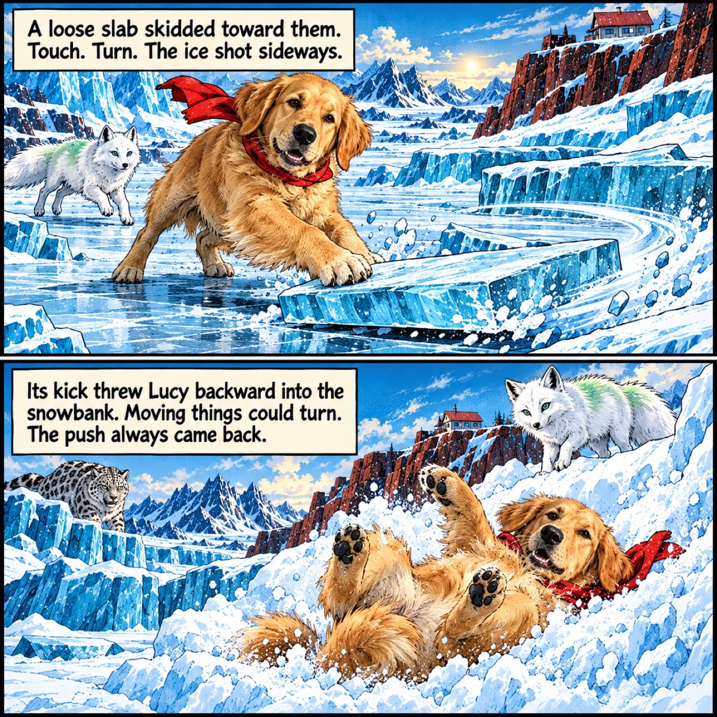 Two comic panels show Lucy, a golden retriever in a loose red scarf, turning a sliding ice slab and landing in a snowbank while a white fox waits nearby.