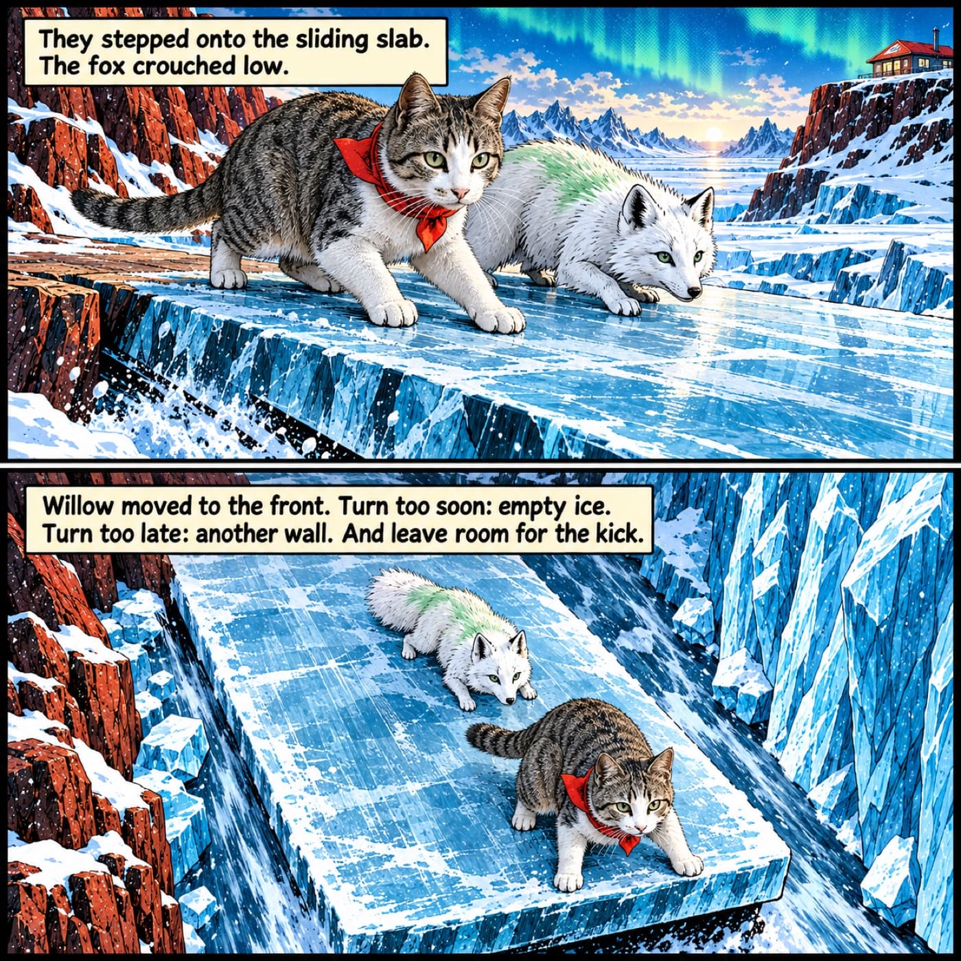 Two comic panels show Willow, a tabby-and-white cat in a red scarf, and a white fox boarding a sliding slab before Willow braces at its front beside an ice wall.