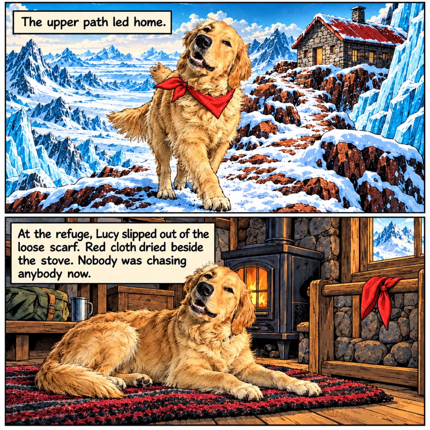 Two comic panels show Lucy, a golden retriever wearing a red scarf, arriving at a mountain refuge, then resting indoors while the removed scarf dries beside a closed stove.