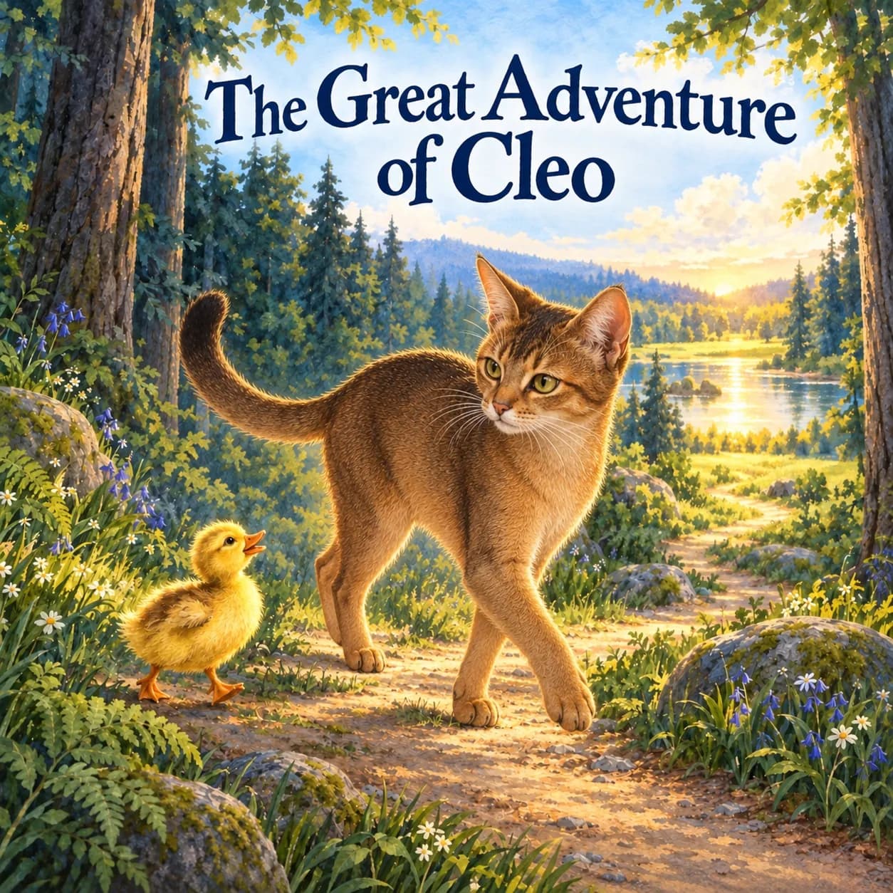 Illustrative sample cover of The Great Adventure of Cleo: a fictional Abyssinian cat walks with a yellow duckling on a woodland path toward a sunlit pond beneath navy lettering