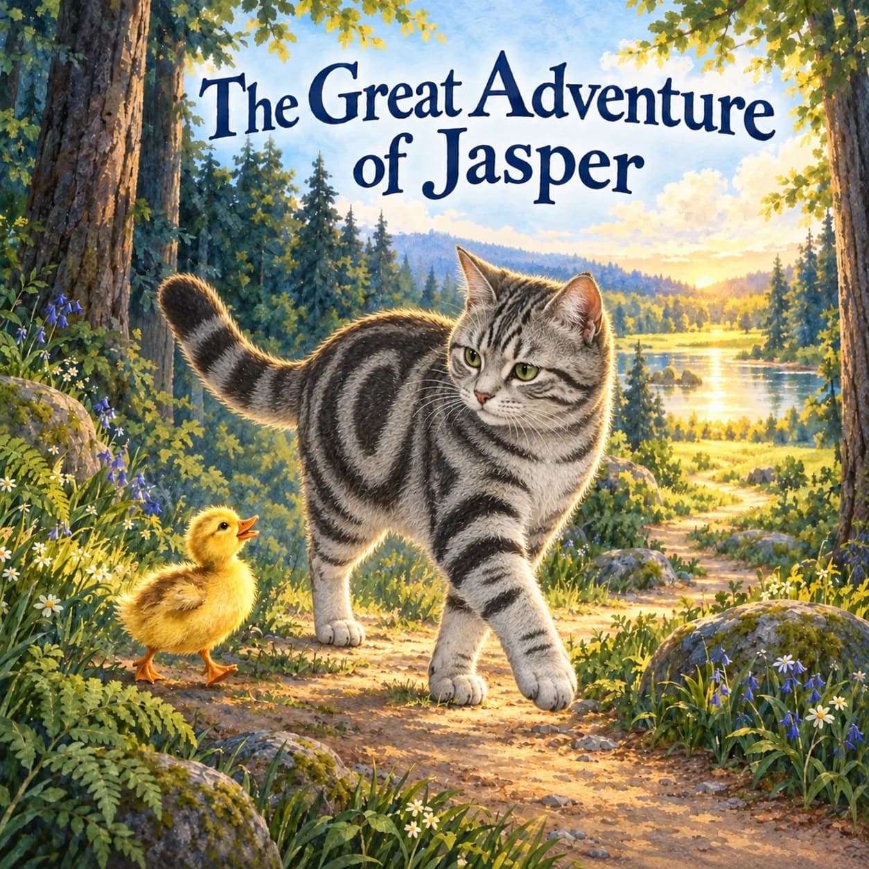 Illustrative sample cover of The Great Adventure of Jasper: a fictional American Shorthair cat walks with a yellow duckling on a woodland path toward a sunlit pond beneath navy lettering