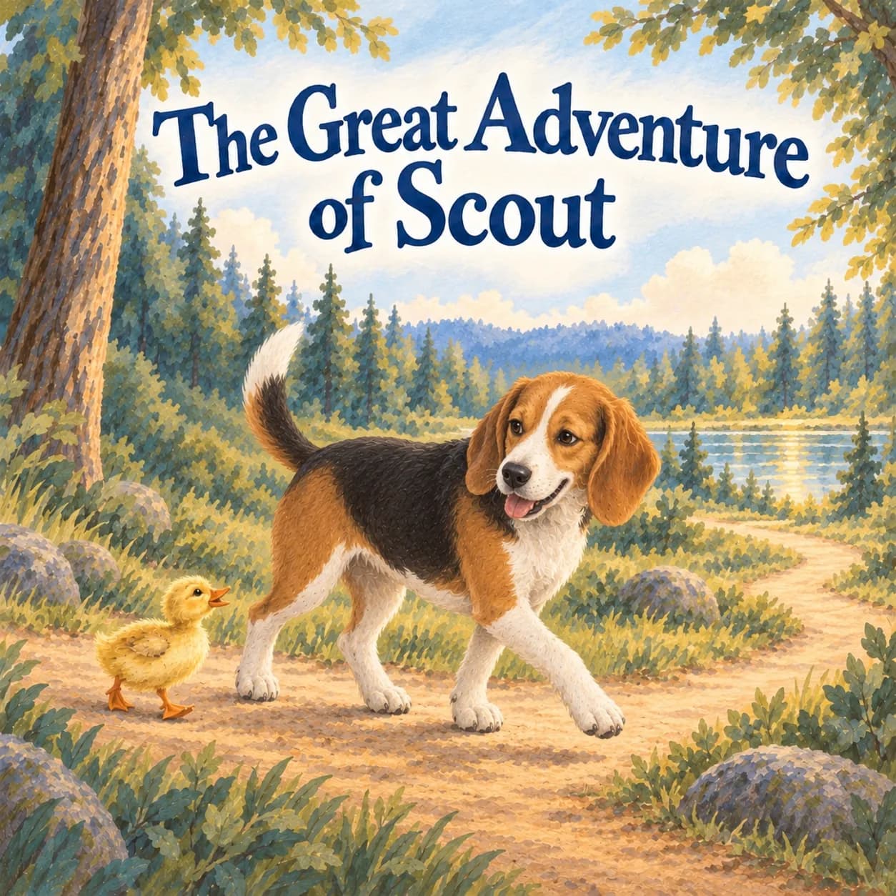 Illustrative sample cover of The Great Adventure of Scout: a fictional Beagle walks with a yellow duckling on a woodland path toward a sunlit pond beneath navy lettering