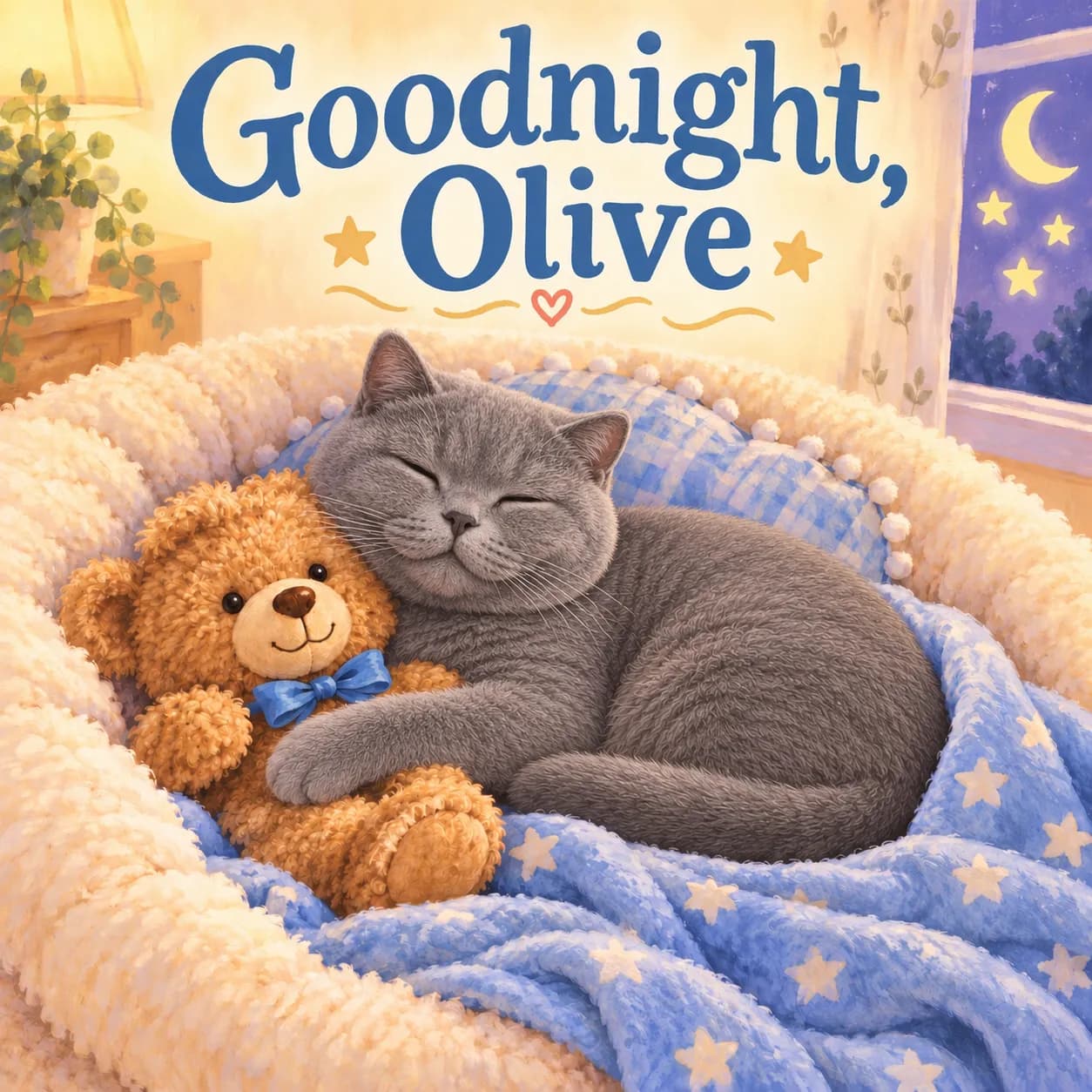Illustrative sample cover of Goodnight, Olive: a fictional British Shorthair cat sleeps cuddling a teddy in pale-blue bedding beneath large blue lettering