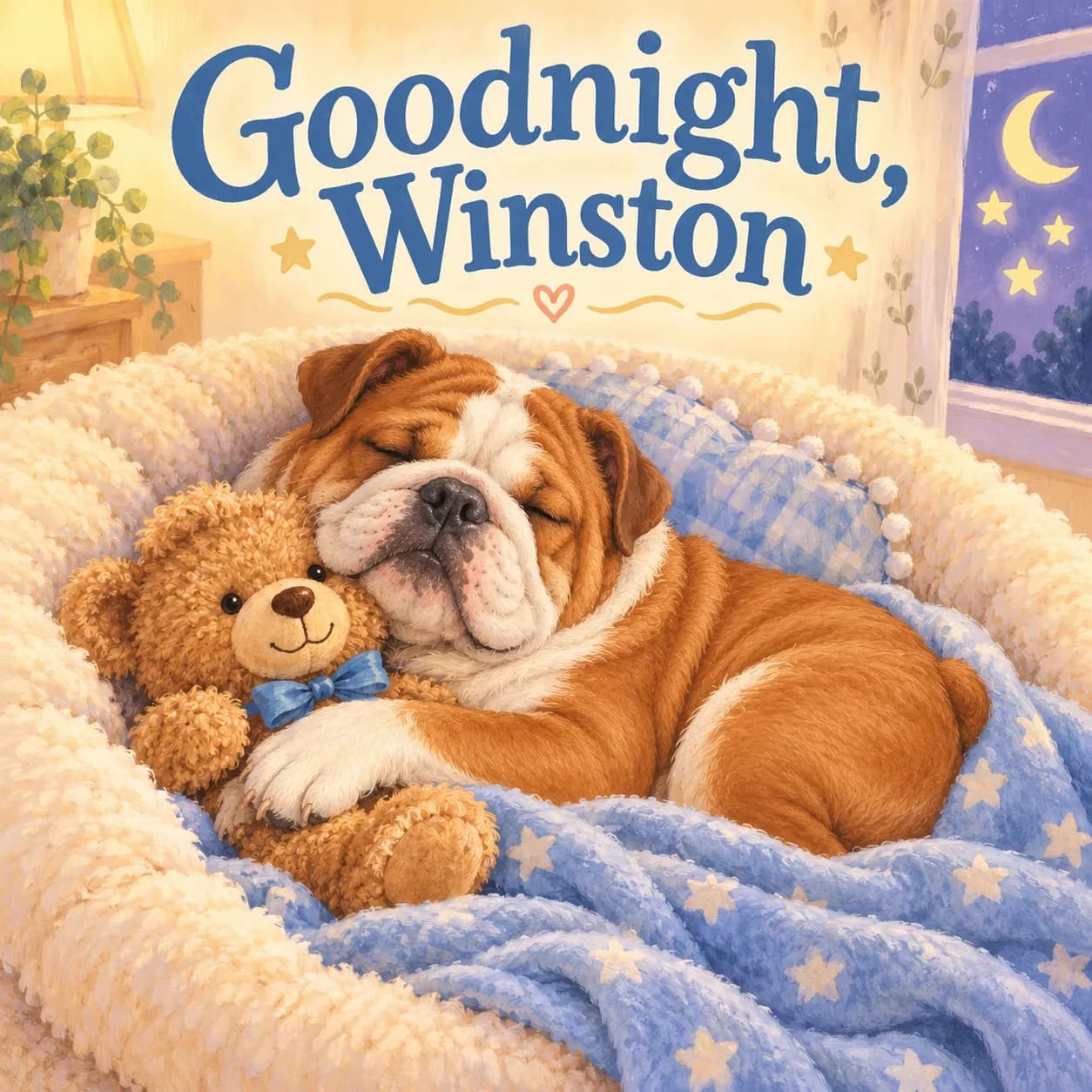 Illustrative sample cover of Goodnight, Winston: a fictional Bulldog sleeps cuddling a teddy in pale-blue bedding beneath large blue lettering