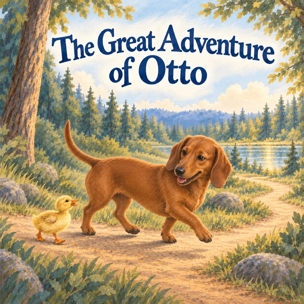 Illustrative sample cover of The Great Adventure of Otto: a fictional Dachshund walks with a yellow duckling on a woodland path toward a sunlit pond beneath navy lettering