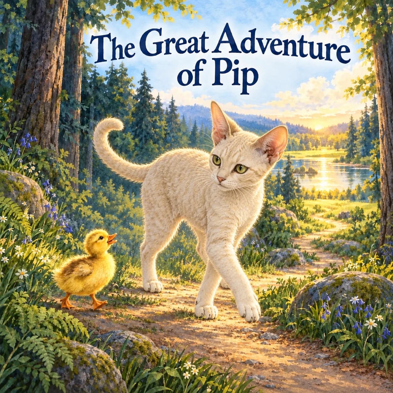 Illustrative sample cover of The Great Adventure of Pip: a fictional Devon Rex cat walks with a yellow duckling on a woodland path toward a sunlit pond beneath navy lettering