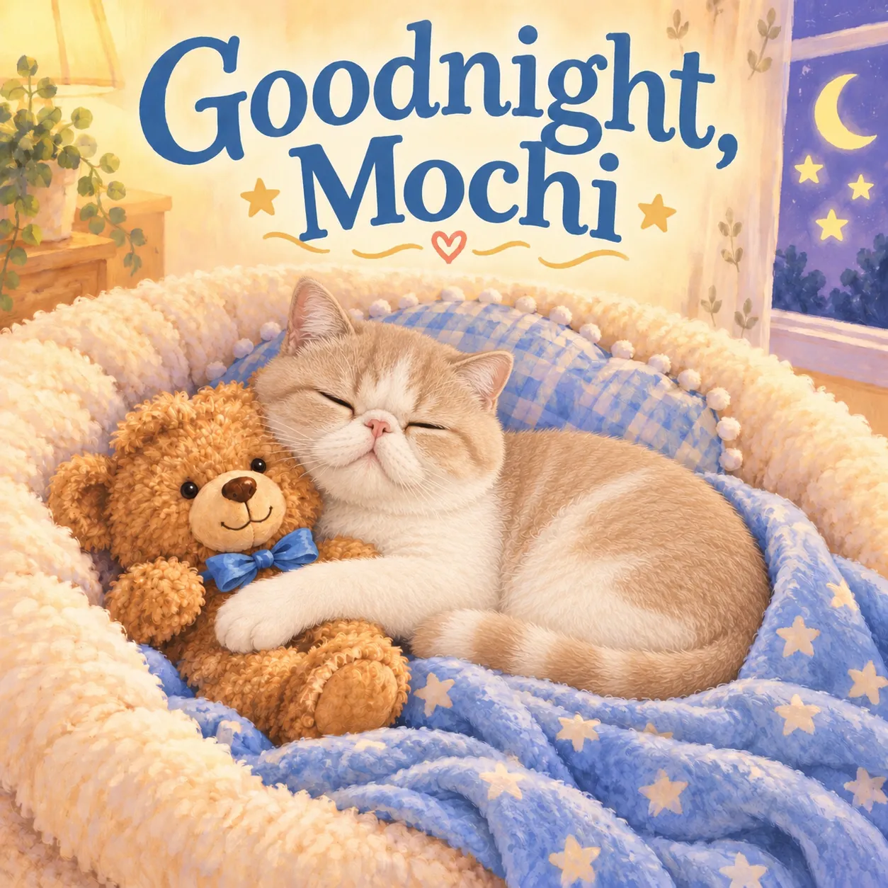 Illustrative sample cover of Goodnight, Mochi: a fictional Exotic Shorthair cat sleeps cuddling a teddy in pale-blue bedding beneath large blue lettering