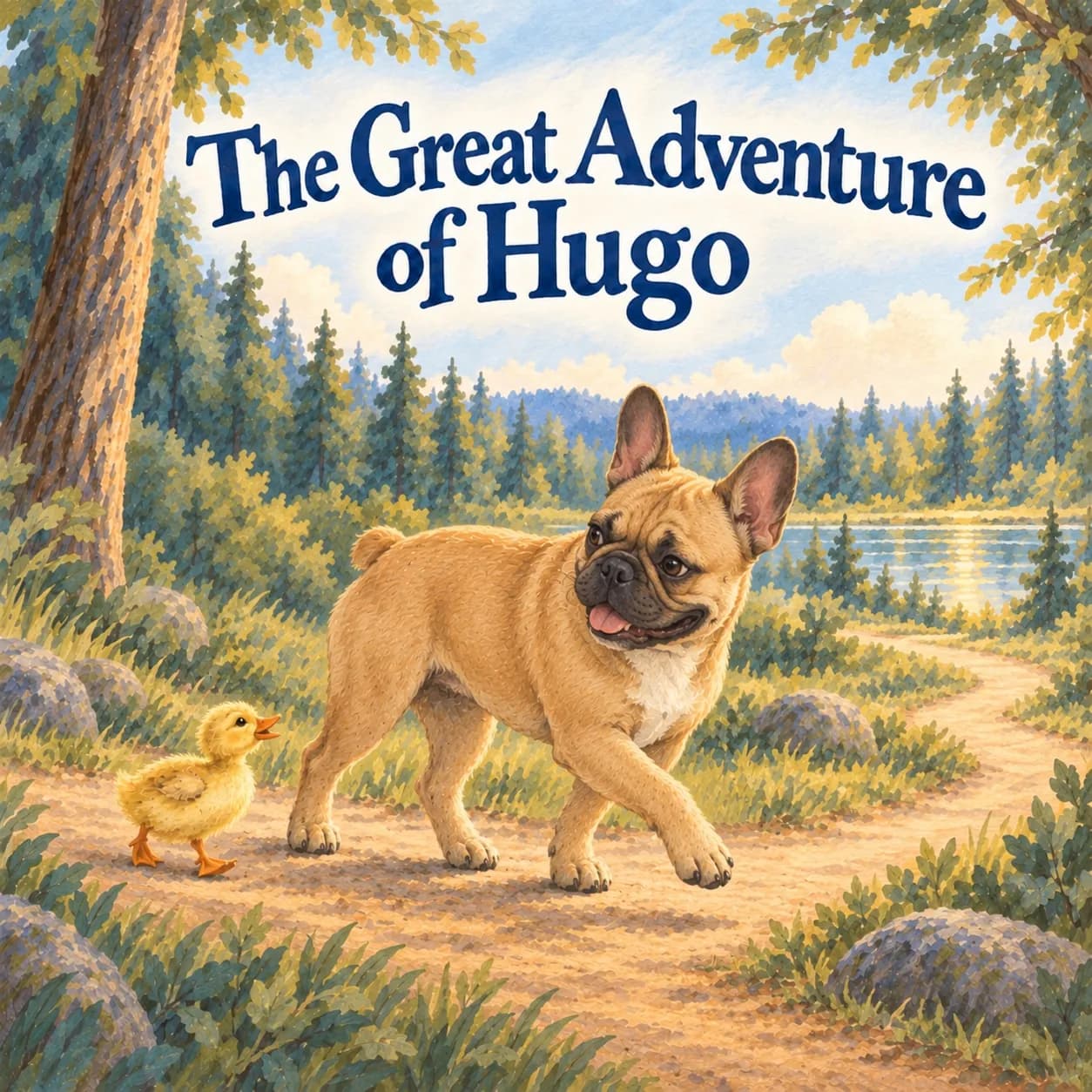 Illustrative sample cover of The Great Adventure of Hugo: a fictional French Bulldog walks with a yellow duckling on a woodland path toward a sunlit pond beneath navy lettering