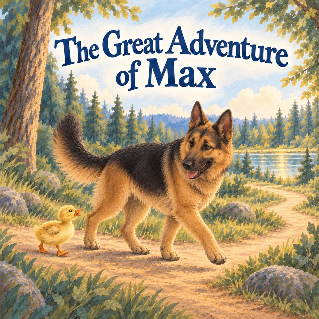 Illustrative sample cover of The Great Adventure of Max: a fictional German Shepherd walks with a yellow duckling on a woodland path toward a sunlit pond beneath navy lettering