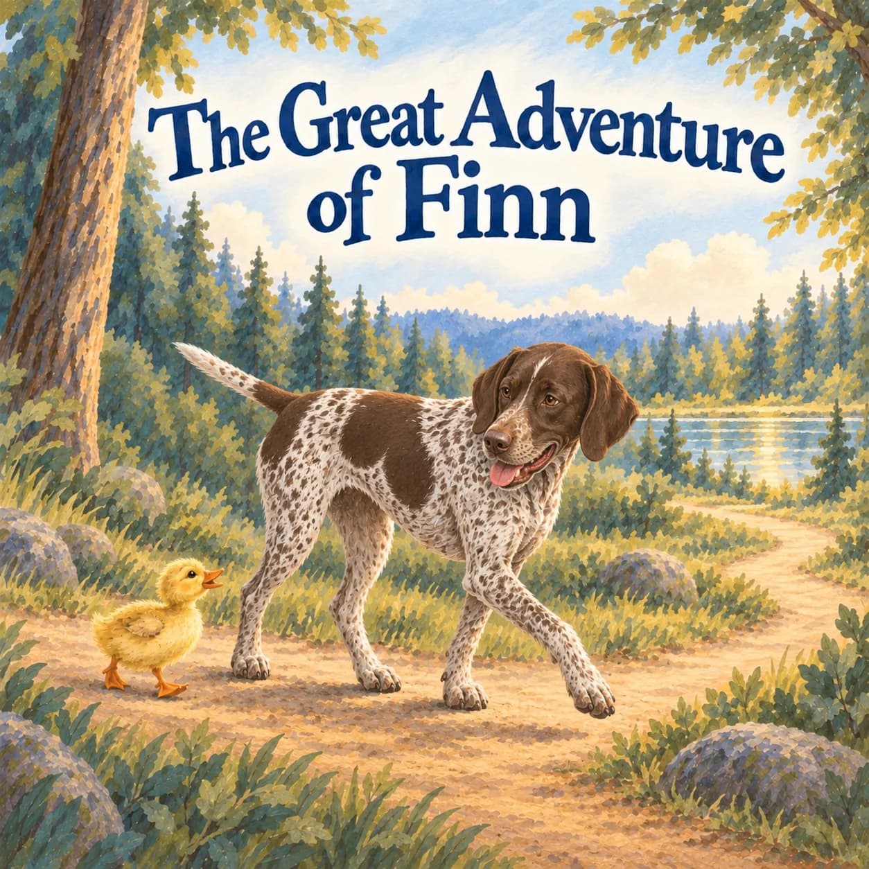 Illustrative sample cover of The Great Adventure of Finn: a fictional German Shorthaired Pointer walks with a yellow duckling on a woodland path toward a sunlit pond beneath navy lettering