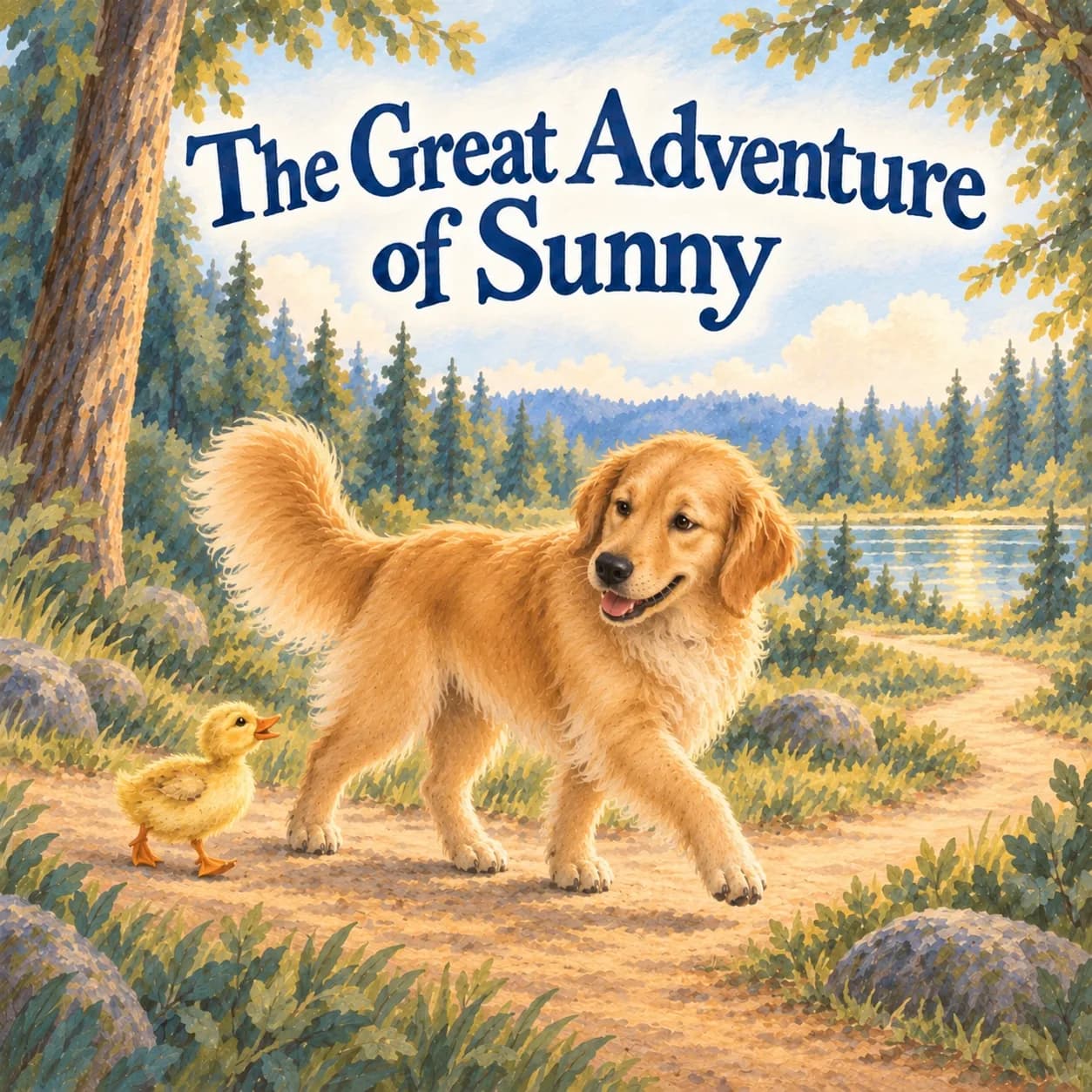 Illustrative sample cover of The Great Adventure of Sunny: a fictional Golden Retriever walks with a yellow duckling on a woodland path toward a sunlit pond beneath navy lettering