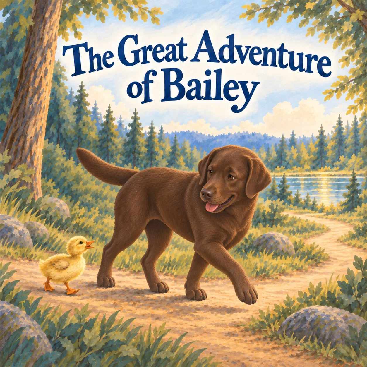 Illustrative sample cover of The Great Adventure of Bailey: a fictional Labrador Retriever walks with a yellow duckling on a woodland path toward a sunlit pond beneath navy lettering