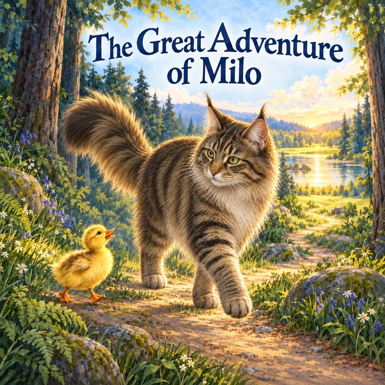 Illustrative sample cover of The Great Adventure of Milo: a fictional Maine Coon cat walks with a yellow duckling on a woodland path toward a sunlit pond beneath navy lettering