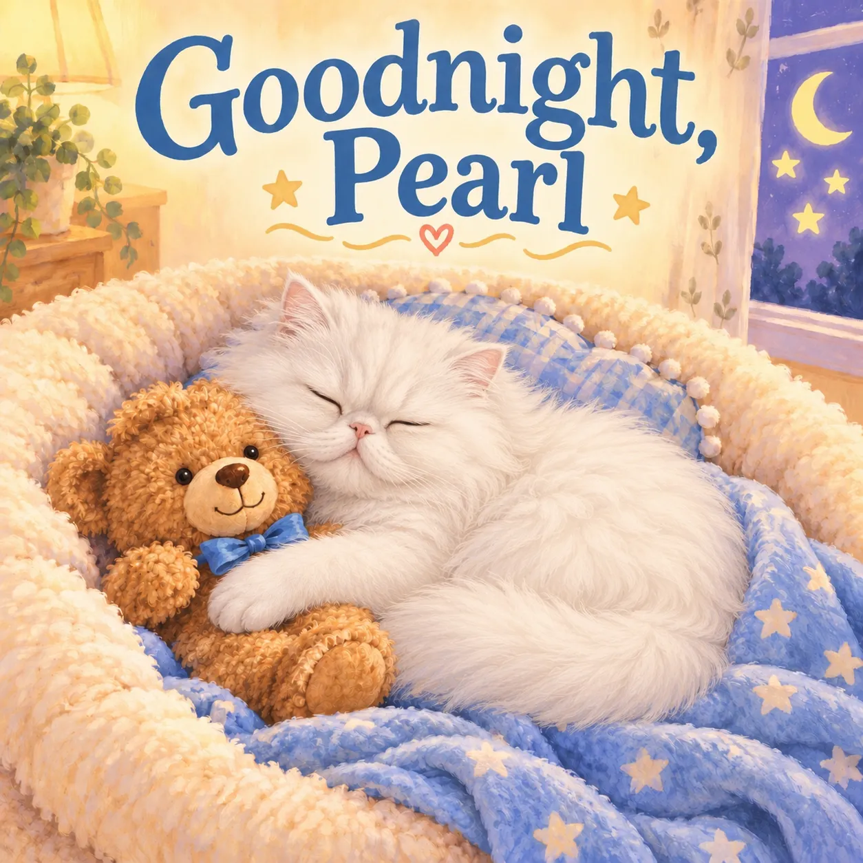 Illustrative sample cover of Goodnight, Pearl: a fictional Persian cat sleeps cuddling a teddy in pale-blue bedding beneath large blue lettering