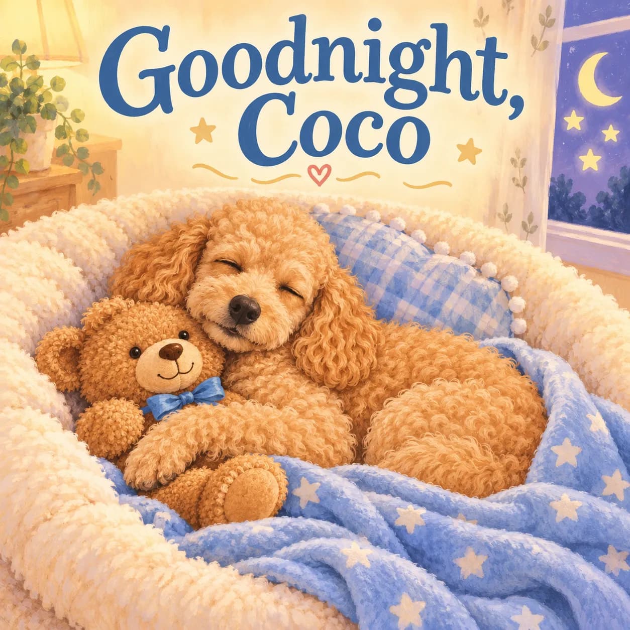 Illustrative sample cover of Goodnight, Coco: a fictional Poodle sleeps cuddling a teddy in pale-blue bedding beneath large blue lettering