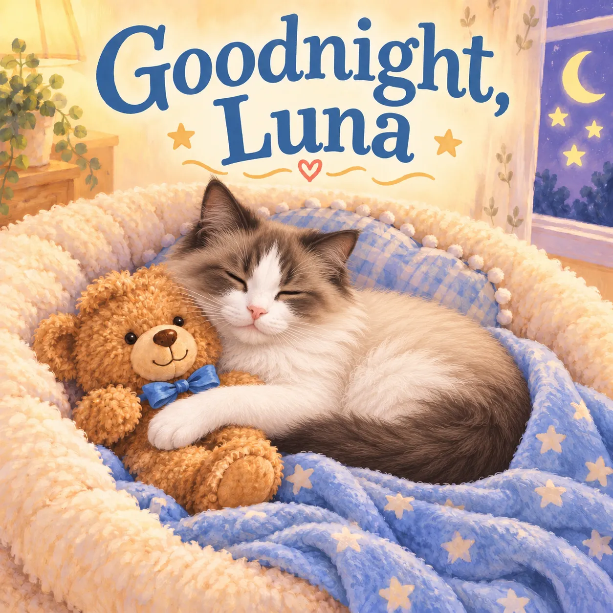 Illustrative sample cover of Goodnight, Luna: a fictional Ragdoll cat sleeps cuddling a teddy in pale-blue bedding beneath large blue lettering