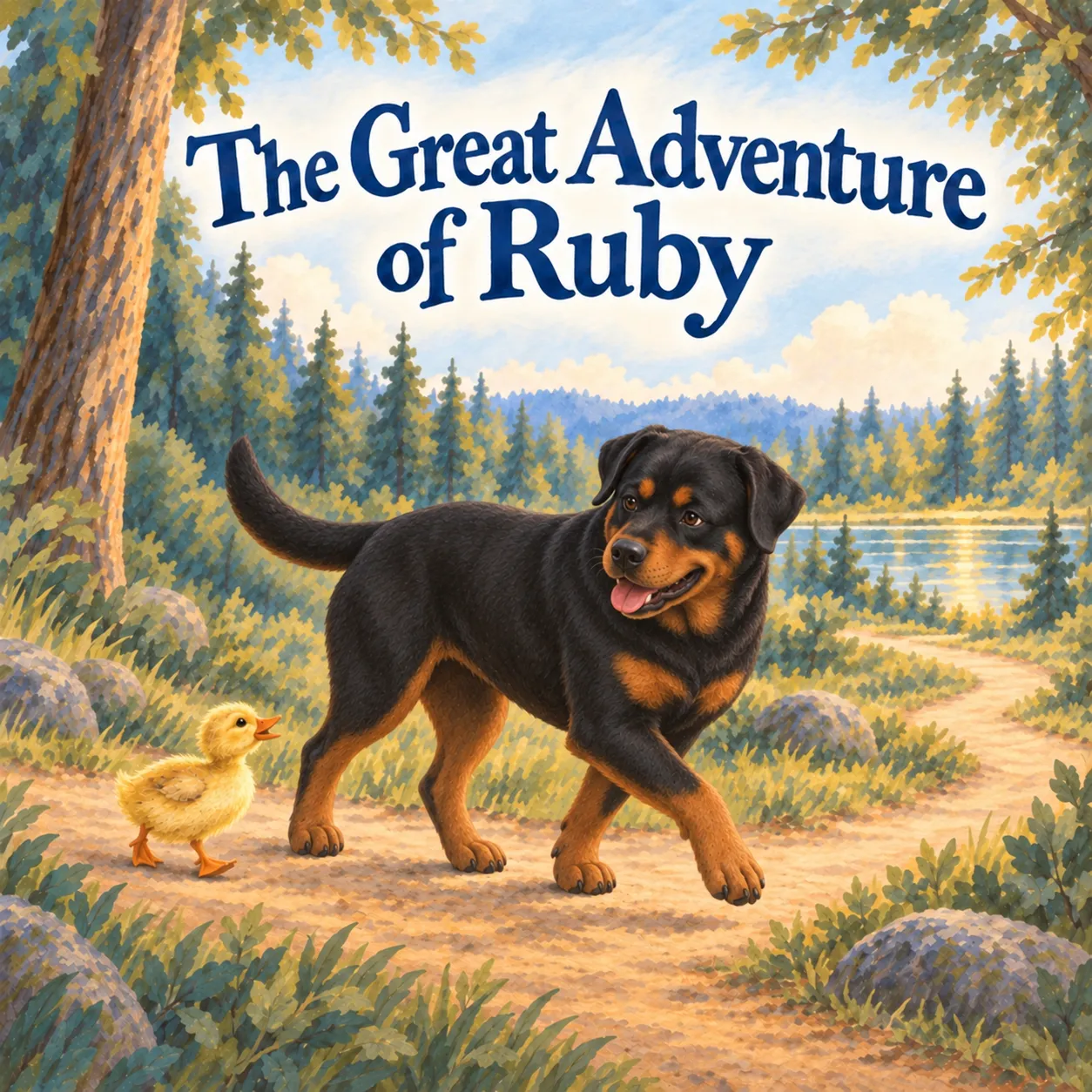 Illustrative sample cover of The Great Adventure of Ruby: a fictional Rottweiler walks with a yellow duckling on a woodland path toward a sunlit pond beneath navy lettering