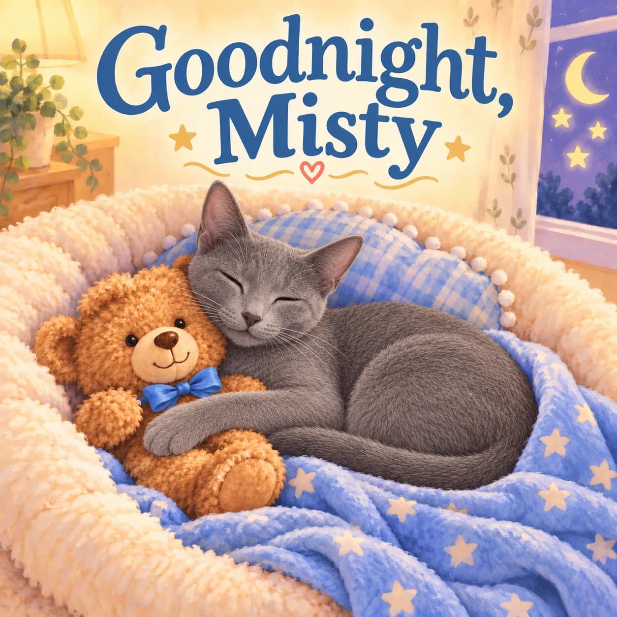 Illustrative sample cover of Goodnight, Misty: a fictional Russian Blue cat sleeps cuddling a teddy in pale-blue bedding beneath large blue lettering