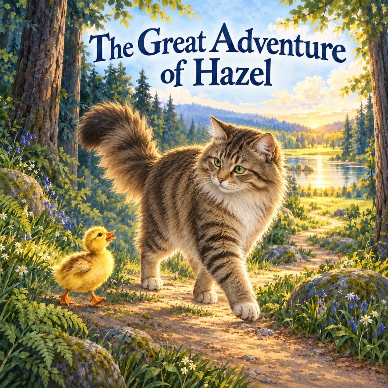 Illustrative sample cover of The Great Adventure of Hazel: a fictional Siberian cat walks with a yellow duckling on a woodland path toward a sunlit pond beneath navy lettering